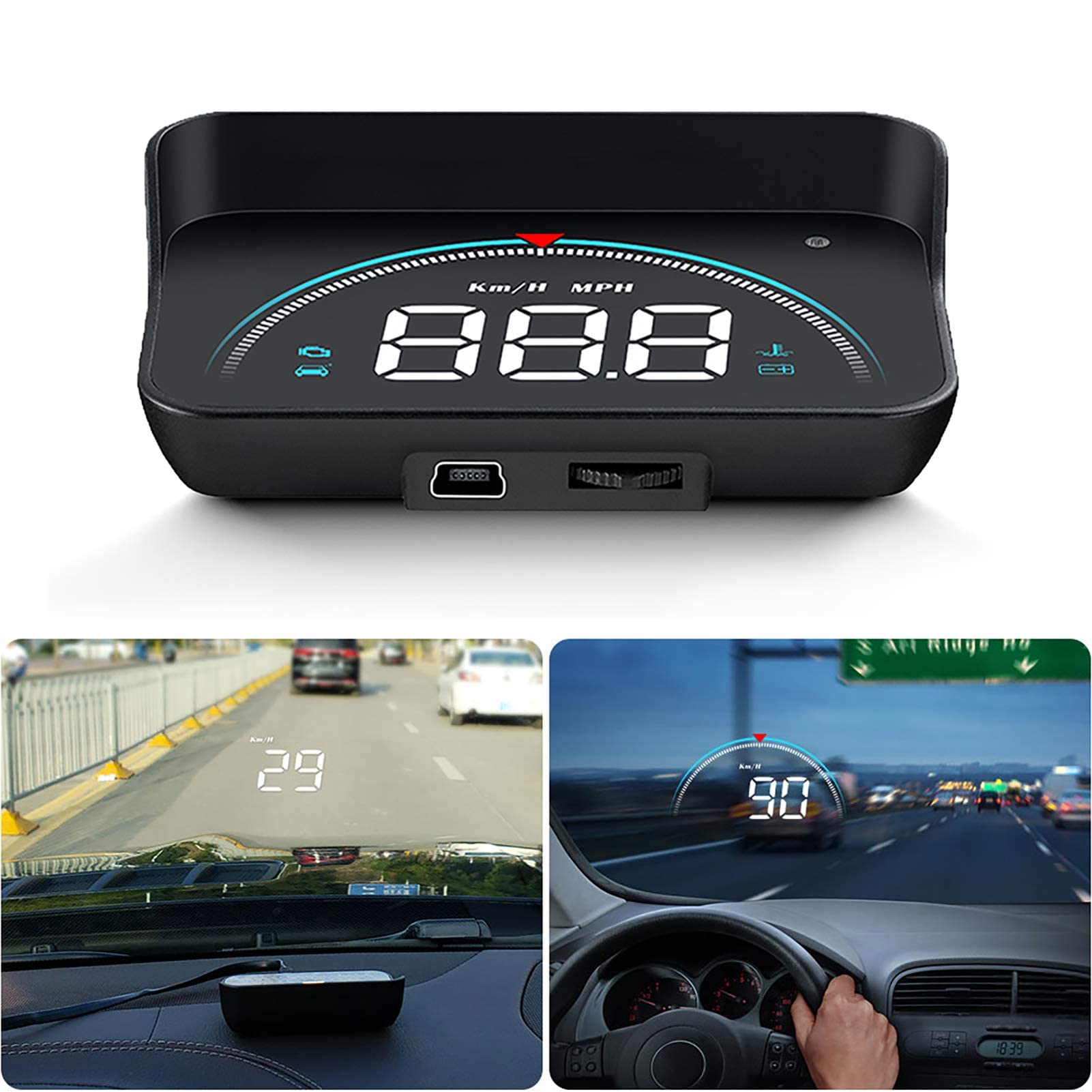 SYOSI HUD Head-up Display، صفحه نمایش سربالا 3.5 اینچی، سیستم هشدار اضافه سرعت چندکاره، پروژکتور قابل حمل HUD برای اتومبیل‌ها و کامیون‌ها با استاندارد OBD II یا EUOBD.