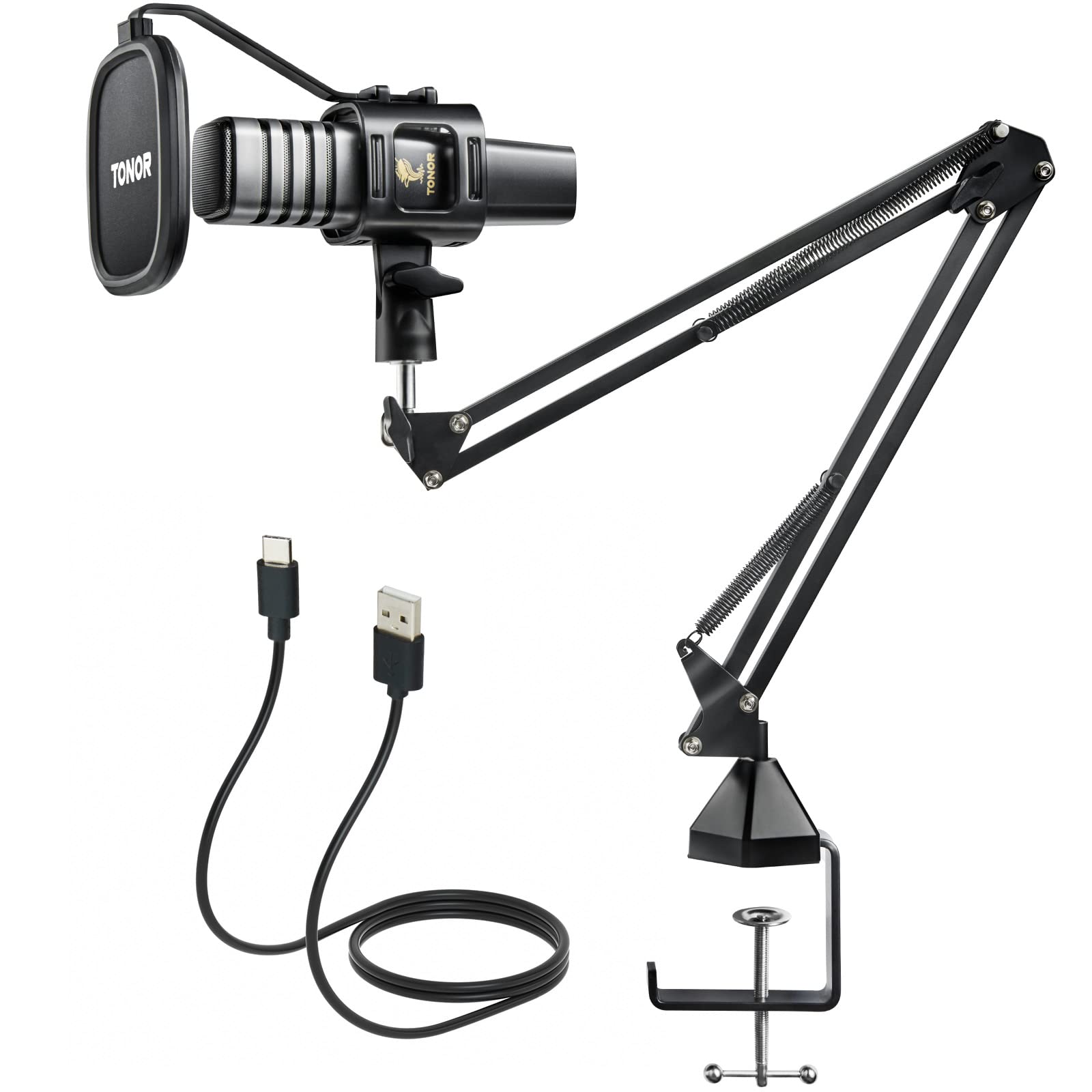 کیت میکروفون USB TONOR، میکروفون کاندنسر کاردیوئید ضبط پادکست PC مجموعه میکروفون کامپیوتری برای بازی، استریمینگ، خوانندگی، دوبله صدا، یوتیوب، میکروفون استودیو با بسته‌بندی استاندارد بازوی قابل تنظیم، TC30+