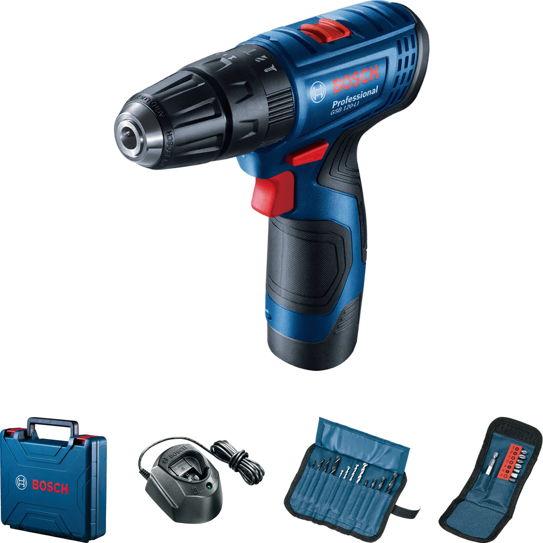 بوش حرفه‌ای بی‌سیم کامبی GSB 120-LI (باتری 1x2 آمپر + 23 عدد انواع پیچ‌گوشتی + کیس) برای پیچ‌گوشتی و حفاری | مدل: 06019G81L1 با 1 سال گارانتی