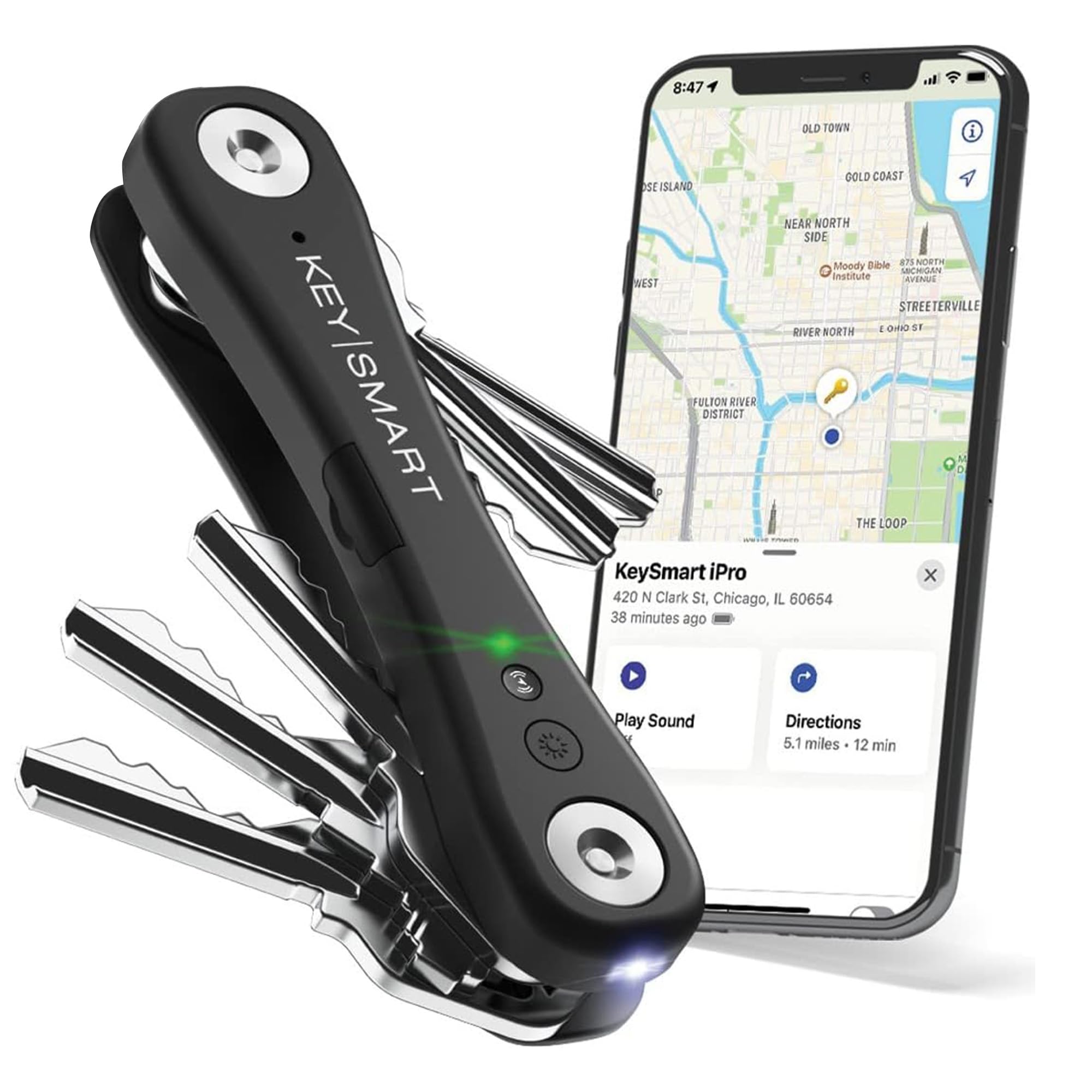 KeySmart iPro - سازماندهی کلیدی سازمان‌یافته یک قلاب کلیدی کوچک قابل ردیابی با چراغ قوه LED مشکی