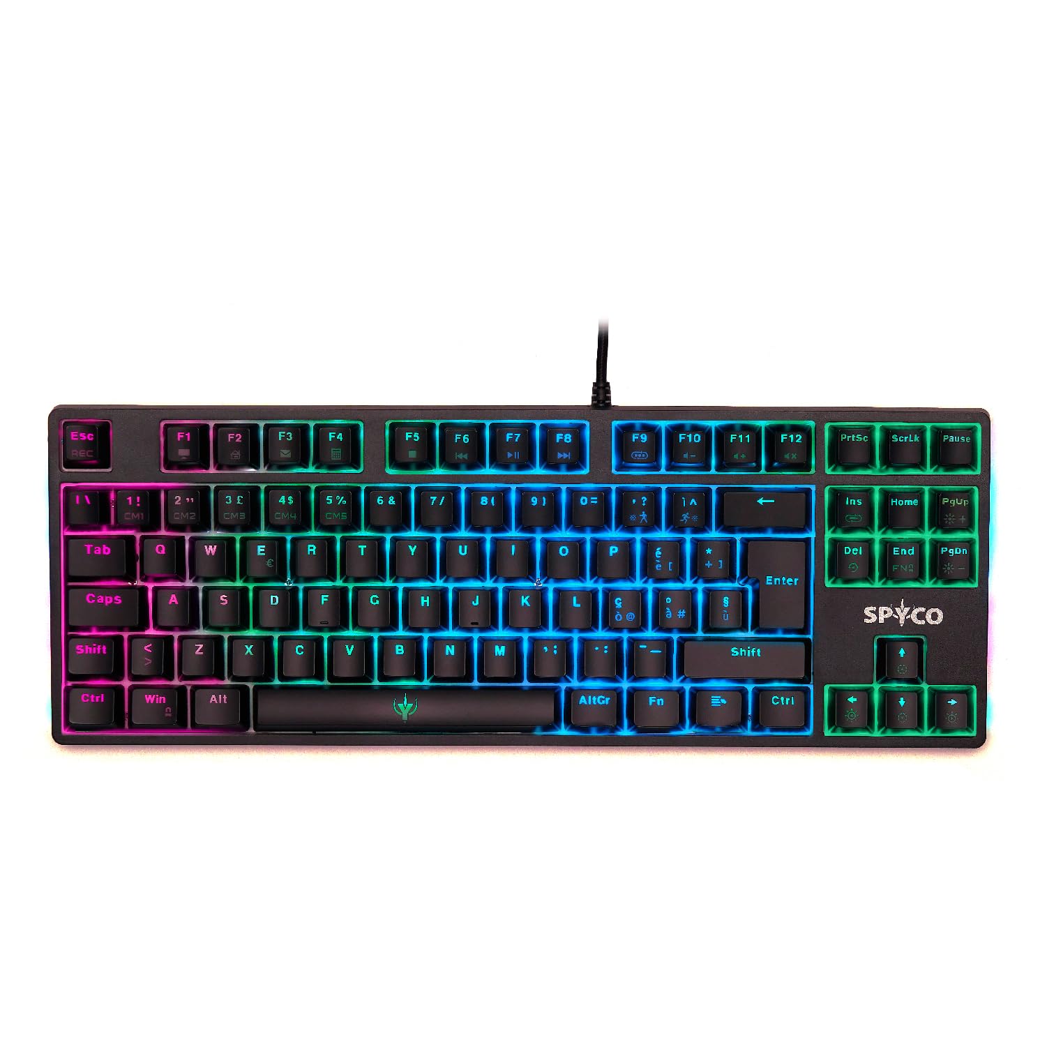 SPYCO چالش KE-112، صفحه کلید بازی، نور پس زمینه LED RGB، 87 کلید با کلاویه‌های ABS، سوئیچ‌های قهوه‌ای Outemu Brown، پیکربندی کلید ضد بازوبندی شامل
