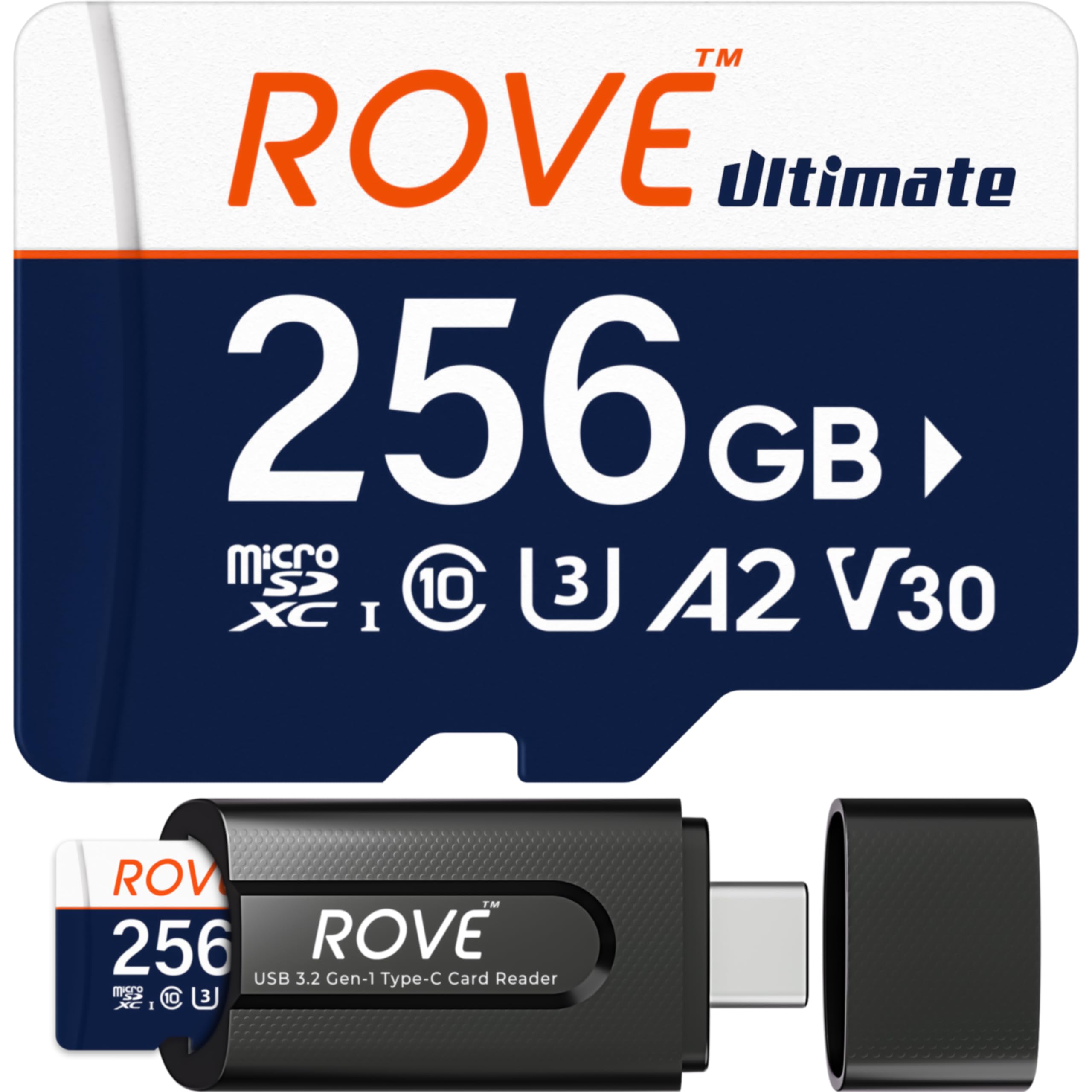 کارت حافظه ROVE Ultimate Micro SD کارت حافظه microSDXC 256GB با ریدر کارت USB 3.2 Type C با سرعت 170MB/s C10، U3، V30، 4K، A2 برای دوربین داش، گوشی هوشمند اندروید، تبلت، بازی‌ها