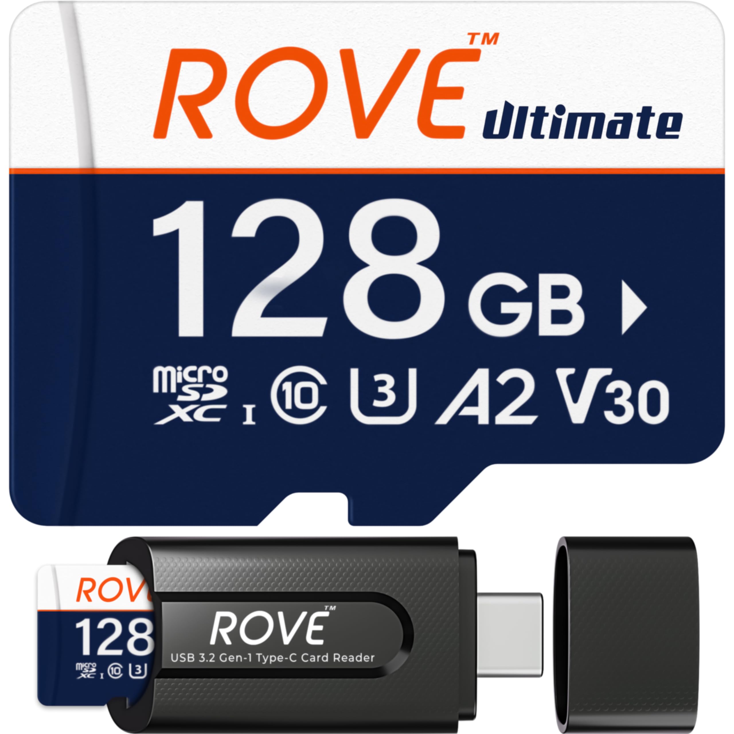 کارت حافظه microSDXC 128GB برند ROVE Ultimate با کارت‌خوان USB 3.2 نوع C، سرعت 170MB/s، کلاس‌های C10، U3، V30، 4K، A2؛ مناسب برای داش کم، گوشی‌های هوشمند اندروید، تبلت‌ها و بازی‌ها