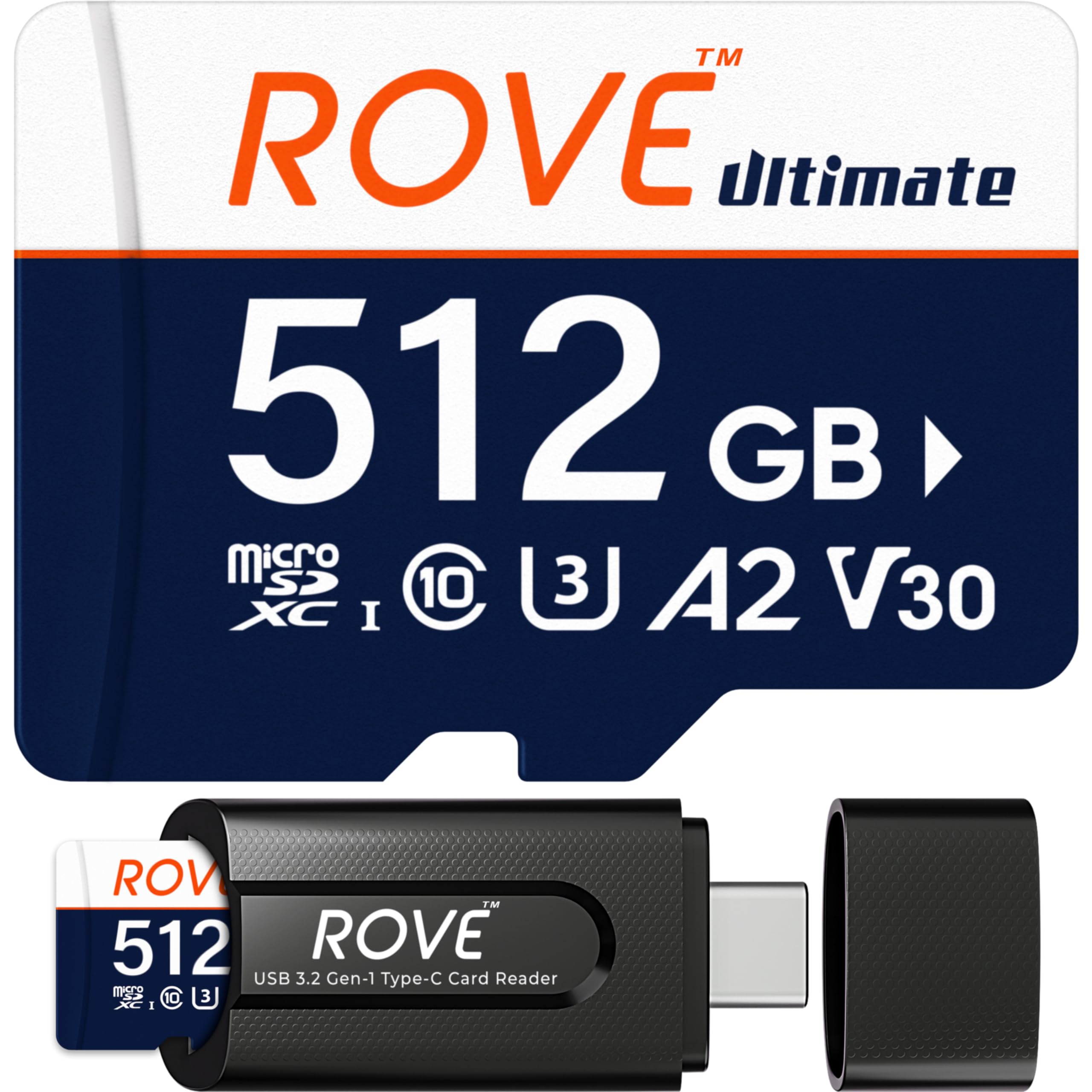 کارت حافظه میکرو SD ROVE Ultimate microSDXC با ظرفیت ۵۱۲ گیگابایت، همراه با خواننده کارت USB 3.2 نوع-C، سرعت ۱۷۰ مگابایت بر ثانیه، کلاس‌های C10، U3، V30، 4K، A2 برای دوربین‌های داش‌کام، گوشی‌های هوشمند اندرویدی، تبلت‌ها و بازی‌ها
