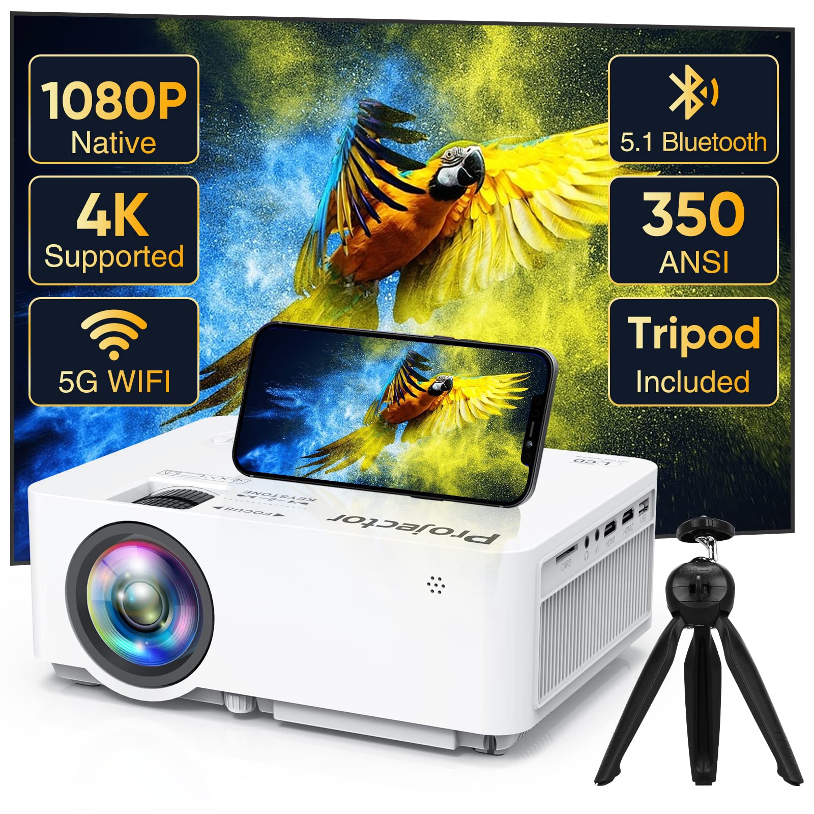 وای فای 5G دارای بلوتوث و ترايپود، پروژکتور نیتیو 1080پی با پشتیبانی از 4K قابل حمل برای منزل و استفاده خارج از منزل، دارای نمایش 300 اینچ، سازگار با تی وی استیک، HDMI، گوشی هوشمند (نسخه وای فای)