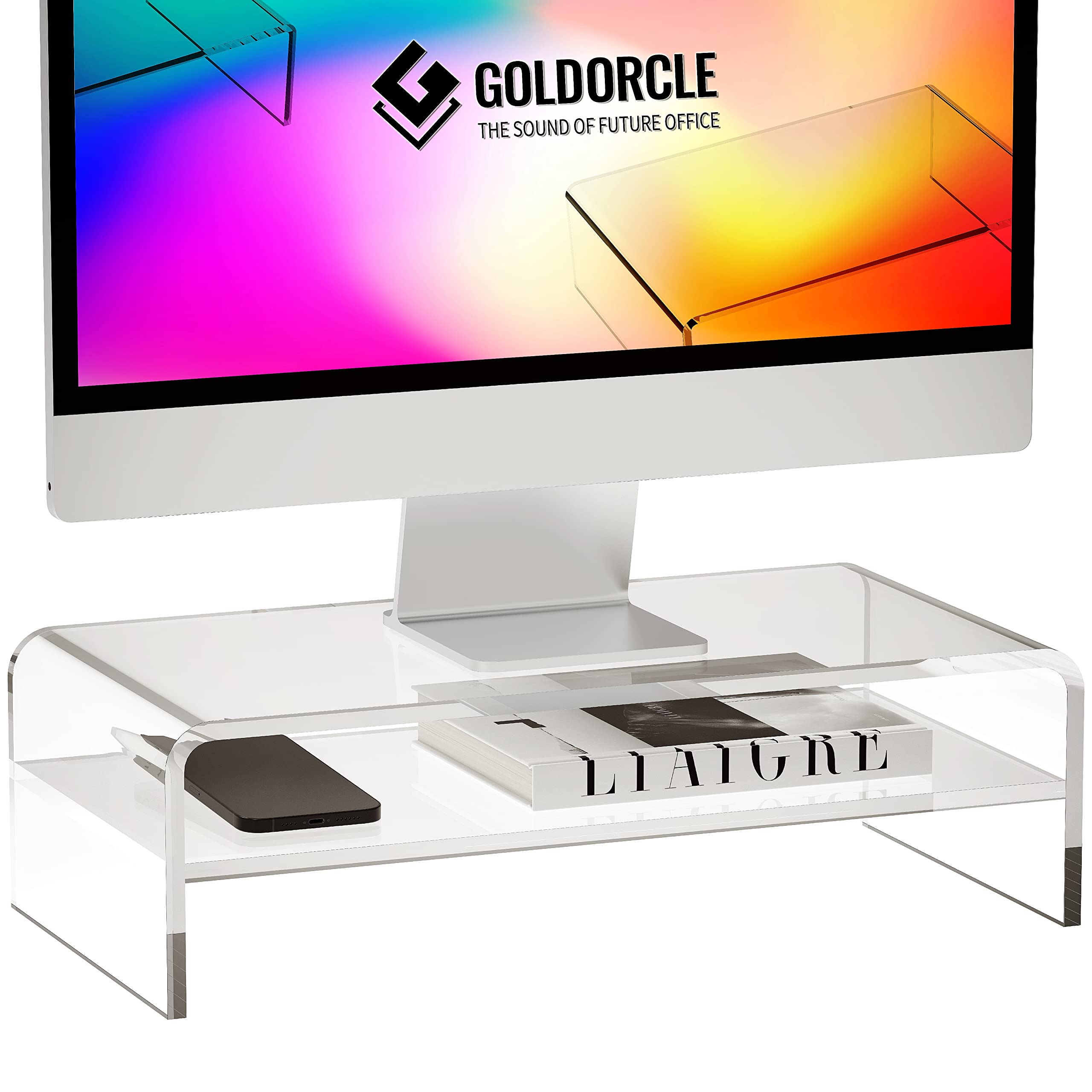 استند دو طبقه اکریلی GOLDORACLE برای ایستادن مانیتور شفاف کامپیوتر برای لپتاپ، کامپیوتر شخصی، چاپگر - قابلیت جابجایی، ظرف آکریلی - قفسه ذخیره‌سازی بزرگ