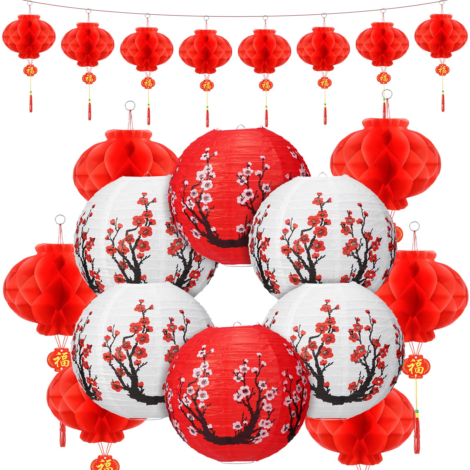 20 عدد فانوس کاغذی 12 اینچ گل ساکورای و 8 اینچ قرمز، سال نو چینی، خانه، رستوران، عروسی، مهمانی تولد (قرمز، سفید)