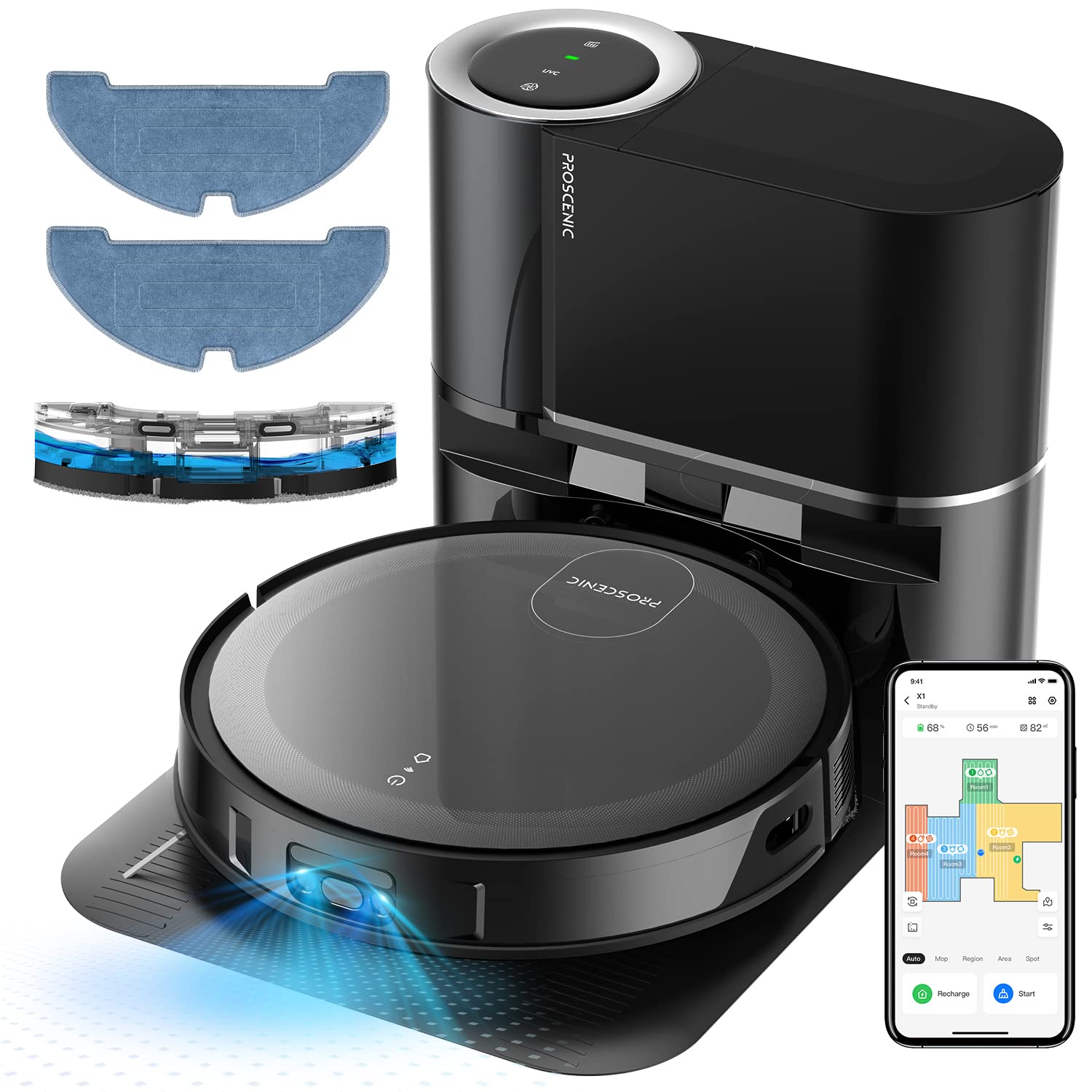مکنده برقی روباتی Proscenic X1 با قابلیت تمیزکاری با موپ، 3000pa، روبات هدایت شده با فناوری LiDAR یکپارچه با قابلیت خالی کردن خودکار 2.5 لیتری، کنترل از طریق اپلیکیشن و الکسا برای تمیزکاری موهای حیوانات خانگی/گرد و خاک/کف سخت/فرش پرزکشی پایین