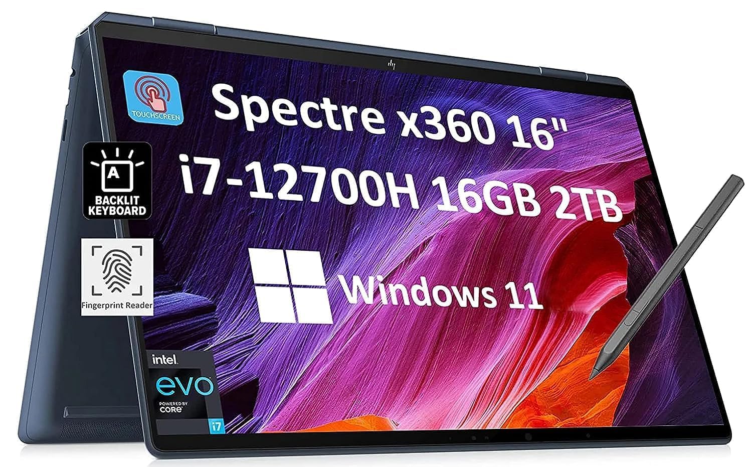 لپ تاپ HP Spectre x360 16 اینچی 2 در 1 با صفحه نمایش لمسی 3K QHD+ (اینتل ۱۲ام جنریشن i7-12700H، ۱۶ گیگابایت رم، ۲ ترابایت حافظه‌ی جامد، سیاه قلم، مناسب برای خانه، کسب و کار و خلق کنندگان، عمر باتری طولانی، اثر انگشت، پشتیبانی از نور پس زمینه، تاندربولت ۴، ویندوز ۱۱ پروفشنال