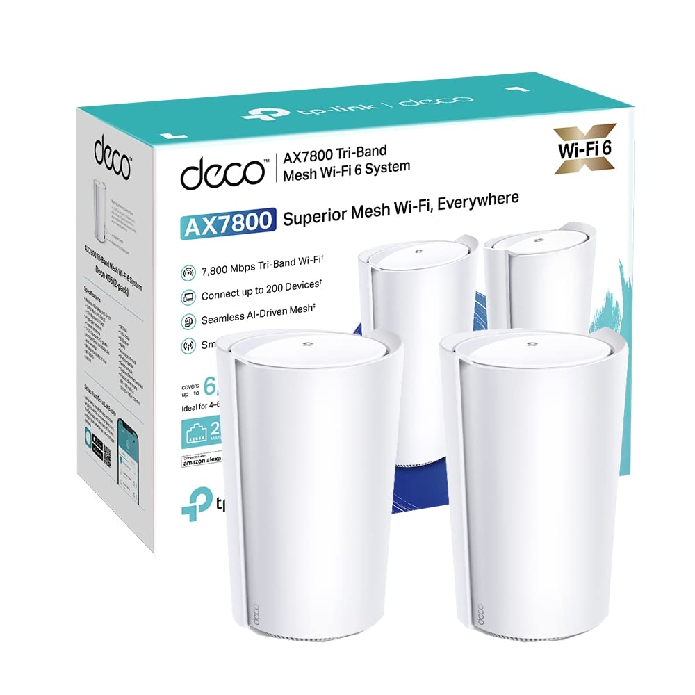 سیستم Mesh Wi-Fi 6 TP-Link Deco X95 AX7800 کل خانه با دایره‌کاری AI، سه باند، امکان اتصال تا 200 دستگاه، پوشش تا 6,100 فوت مربع، CPU 1.7 گیگاهرتز چهار هسته‌ای، امنیت HomeShield، راه‌اندازی آسان، بسته 2 دستگاه AX7800 Wifi6 - 2 حلقه