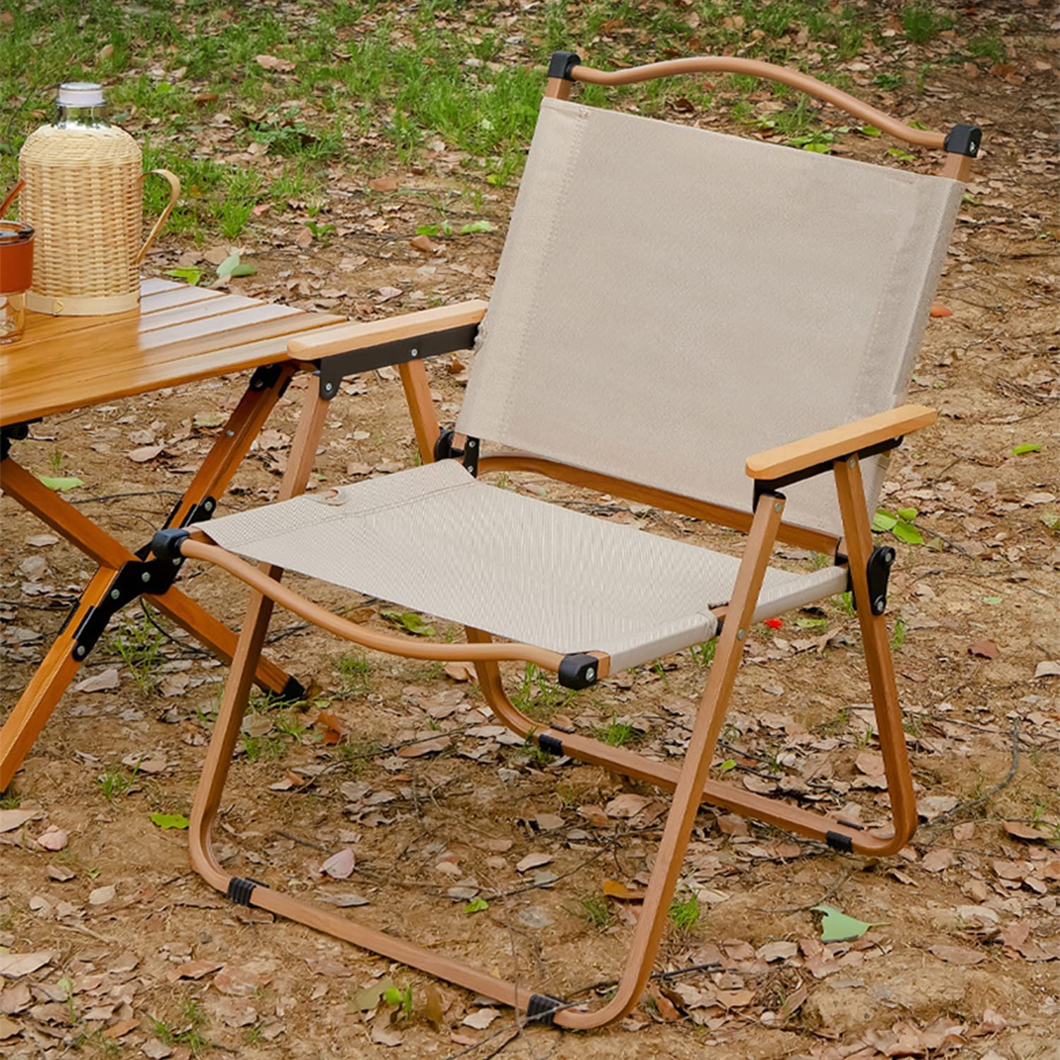 صندلی کمپینگ جورونب، تاشو، بیرونی، ساحلی، قابل حمل، سبک، مبلمان، بسته‌بندی با دسته چوبی، پایه آلومینیومی، پایدار، قاب‌های جمع‌شونده، برای باربیکیو، پیاده‌روی، ماهیگیری، گردهمایی، سفر، سفید، کوچک