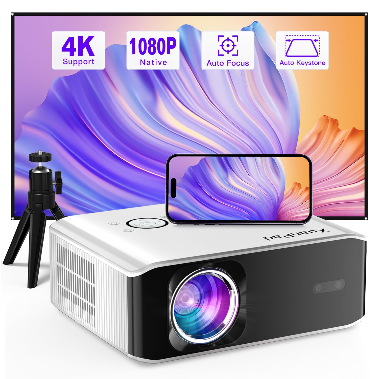 پروژکتور، XuanPad 2024 با بهبود کیفیت تصویر اصلی 1080P، WiFi 5G و بلوتوث، پشتیبانی از 4K، اصلاح 6D/4P Keystone، زوم، پروژکتور کوچک با 12000 لومن و صفحه نمایش و تراپاد برای دستگاه‌های iOS/Android/TV Stick... مدل 12000 لومن با WiFi+بلوتوث و پشتیبانی از 4K