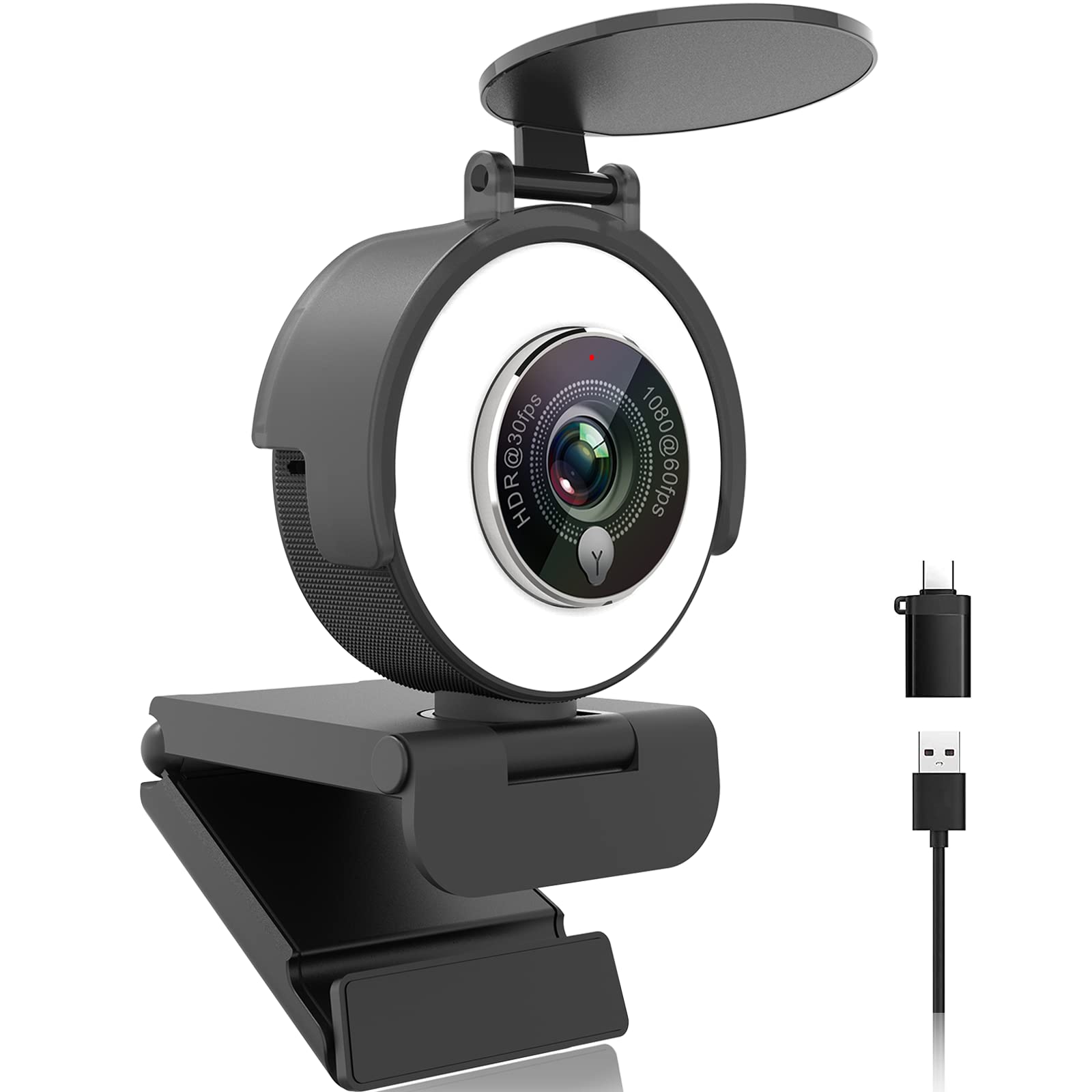وب‌کم 1080 پیکسل انجی تیوب با چراغ حلقه برای استریمینگ: وب‌کم 60 فریم در ثانیه با میکروفون-فناوری HDR-تنظیم خودکار نور HD وب‌کم با دوربین دید قابل تنظیم، مناسب برای تیم‌ها، زوم، کامپیوتر/لپ‌تاپ/مک/رایانهٔ رومیزی مدل 967پرو