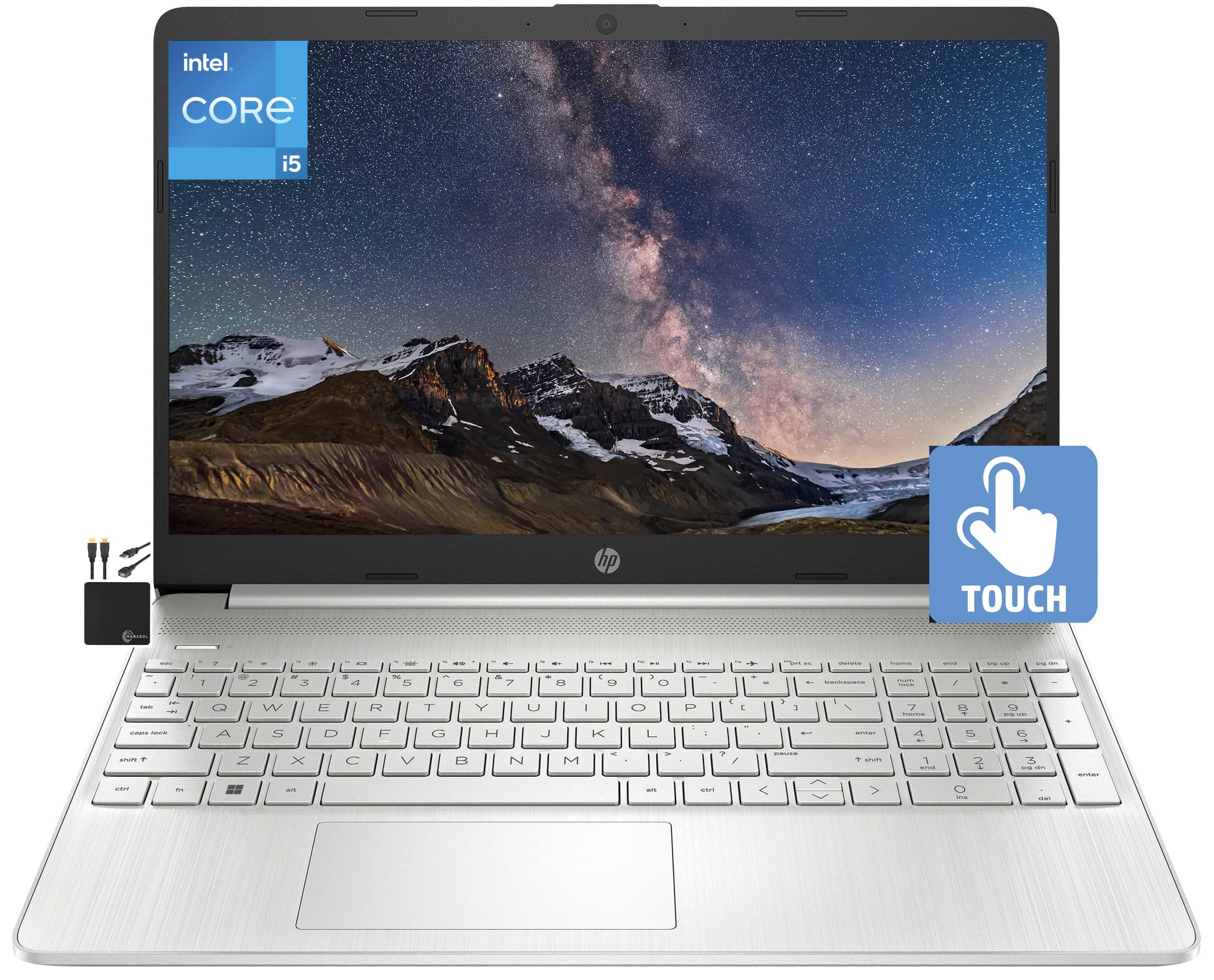 لپ تاپ لمسی HP مدل جدید 2022 با صفحه نمایش 15.6 اینچی HD، پردازنده چهار هسته ای Intel i5-1135G7 (بهتر از i7-1065G7، تا 4.2 گیگاهرتز)، گرافیک Iris Xe، 16 گیگابایت رم، 512 گیگابایت حافظه داخلی SSD، وب‌کم HD، وای‌فای، باتری با طول عمر 11 ساعت یا بیشتر، سیستم عامل ویندوز 11 S، کابل‌های Marxsolcables