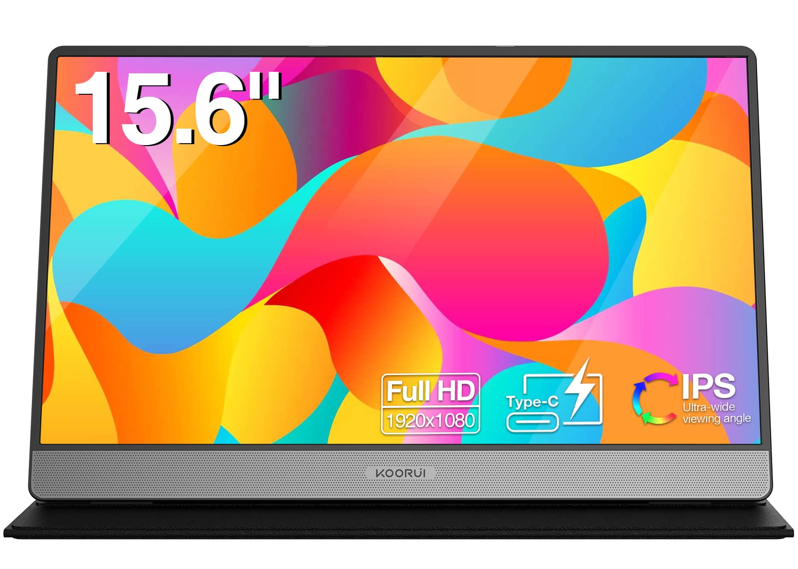 مانیتور قابل حمل KOORUI با کیفیت تصویر ۱۰۸۰P FHD، مانیتور لپ‌تاپ USB-C، نمایشگر کامپیوتر HDMI، مانیتور بازی IPS با کاور هوشمند و بلندگوهای پریمیوم، مانیتور خارجی برای لپ‌تاپ/کامپیوتر شخصی/مک‌بوک/تلفن، ۱۵.۶ اینچ 60Hz (15B1)IPS/60Hz به همراه کاور هوشمند و بلندگوها