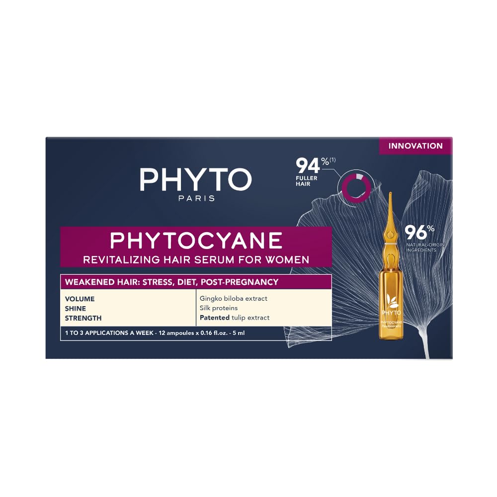 سرم موهای بازسازی‌کننده Phyto Phytocyane برای زنان 5 میلی‌لیتر x 12 آمپول - برای ریزش مو موقت، مواد خاص از منشاء طبیعی