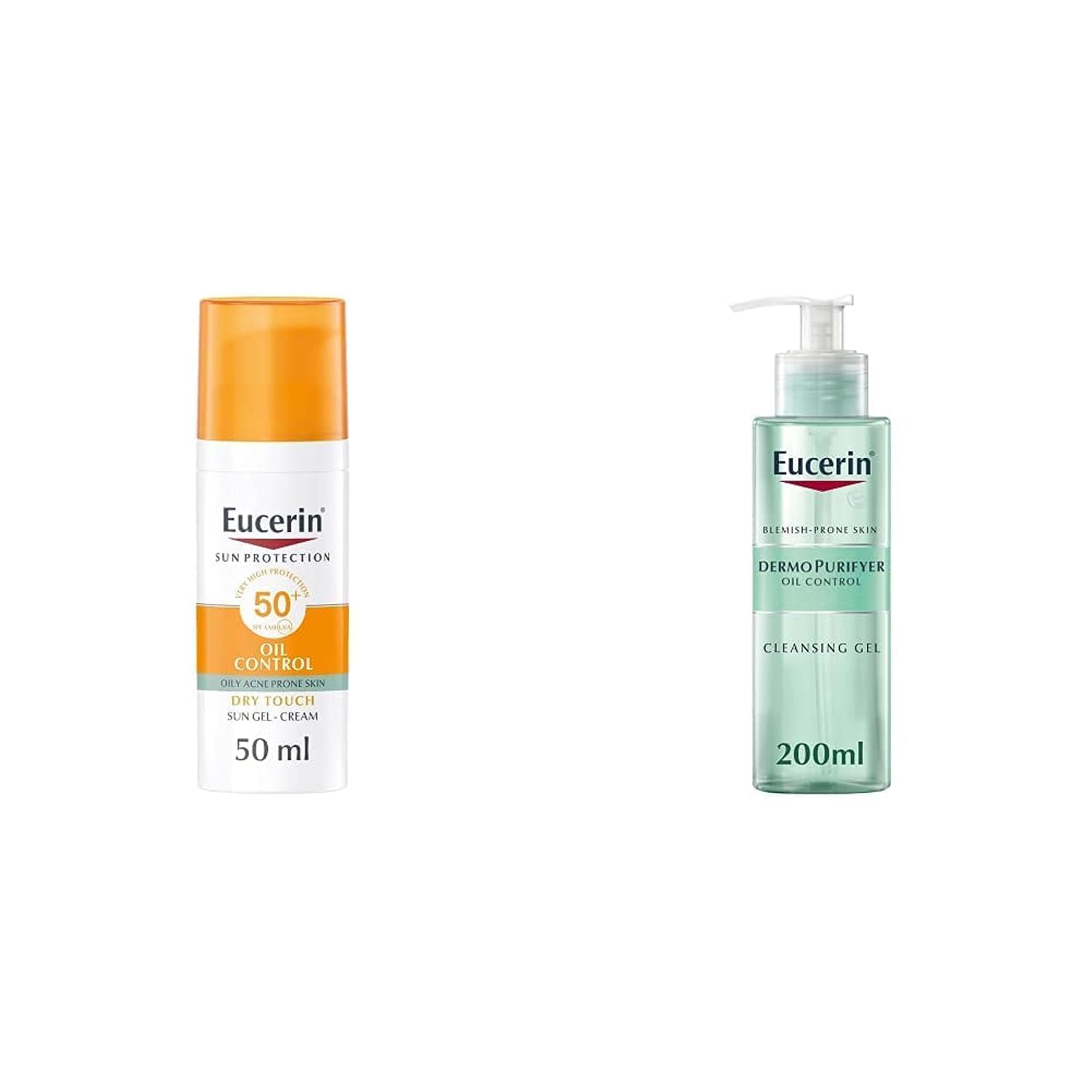 ژل-کرم محافظتی ضد آفتاب Eucerin Sun Control Gel-Cream SPF50+ 50 میلی‌لیتر و ژل تمیزکننده DermoPurifyer برای پوست‌های آکنه‌ای، بدون عطر و بدون صابون، 200 میلی‌لیتر