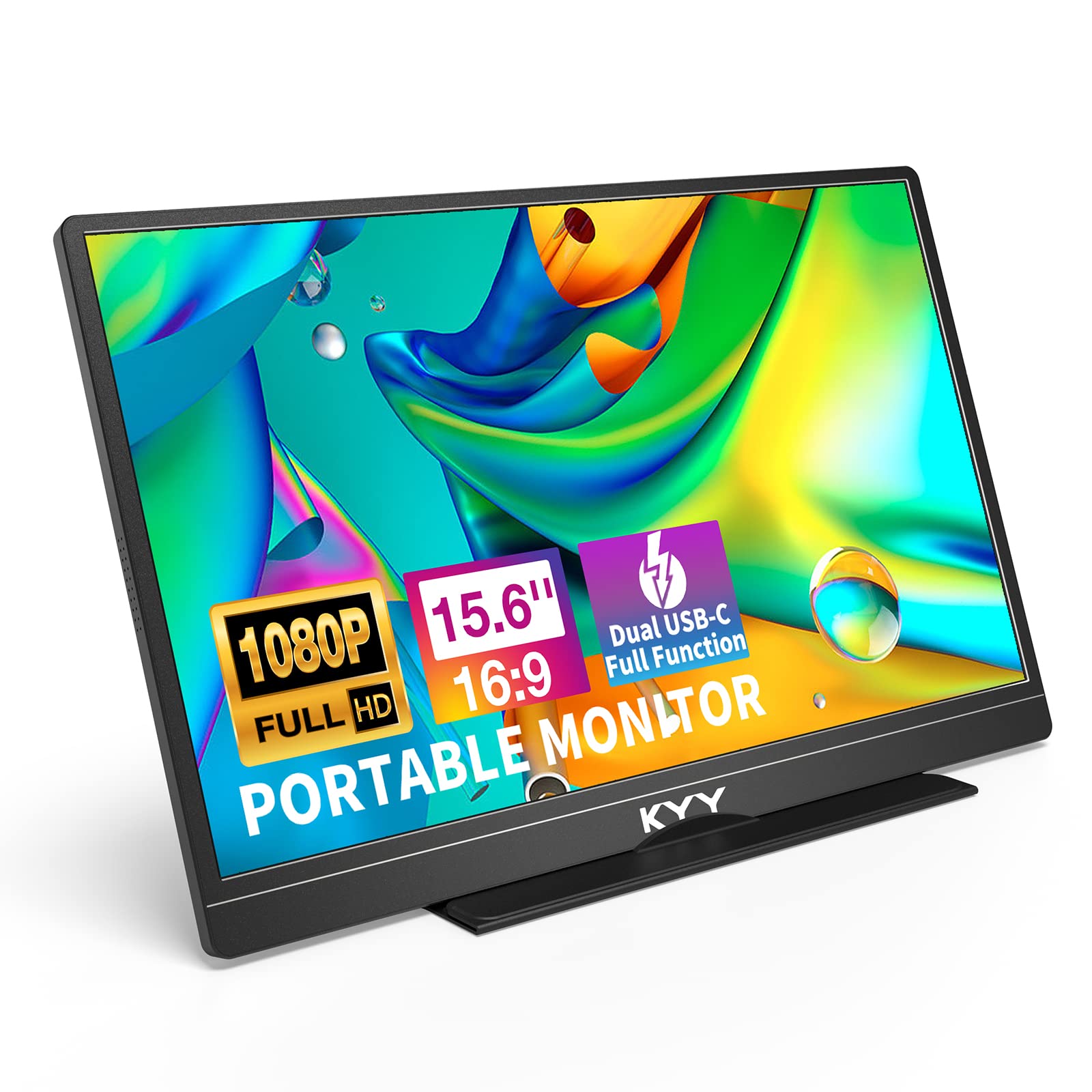 مانیتور قابل حمل KYY با جدیدترین نمایشگر 15.6 اینچی FHD 1080P USB-C HDMI برای لپتاپ با روکش هوشمند، کیف و دو اسپیکر، صفحه نمایش HDR خارجی کامپیوتر، مانیتور بازی مسافرتی برای کامپیوتر، مک، تلفن همراه، ایکس باکس، پی اس ۴/۵ و سوییچ