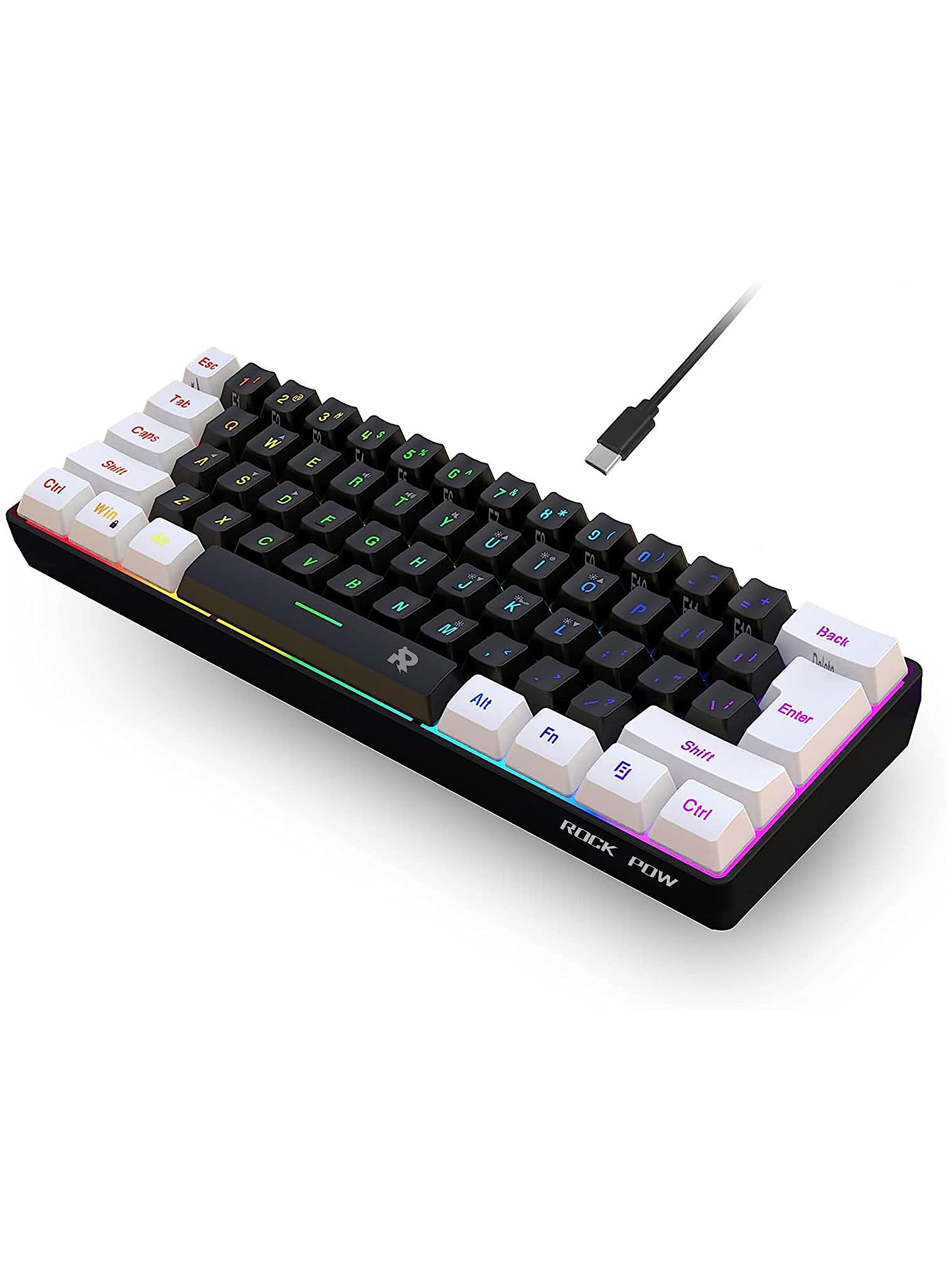 کیبورد بازی ROCK POW 60٪ باسیم، کیبورد بازی RGB Backlit حافظه، کیبورد ممبرین کوچک Ultra-Compact Mini، کیبورد ضدآب برای کامپیوتر بازیکن سفید و سیاه سفید و سیاه