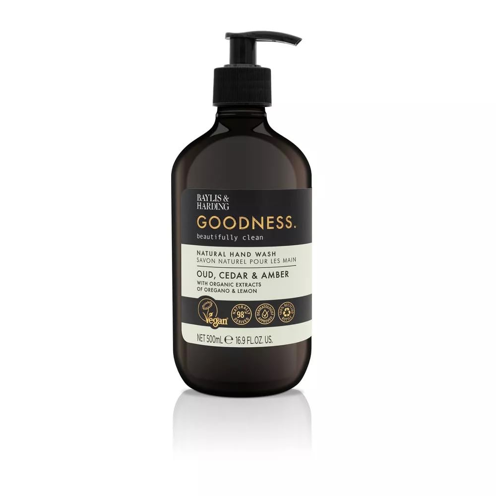 شستشوی دست Baylis & Harding Goodness Oud، Cedar & Amber، 500 میلی لیتر | فرمولاسیون طبیعی با استخراج ارگانیک | عطر لوکس | تمیزکردن ملایم | بدون پارابن | گیاهی