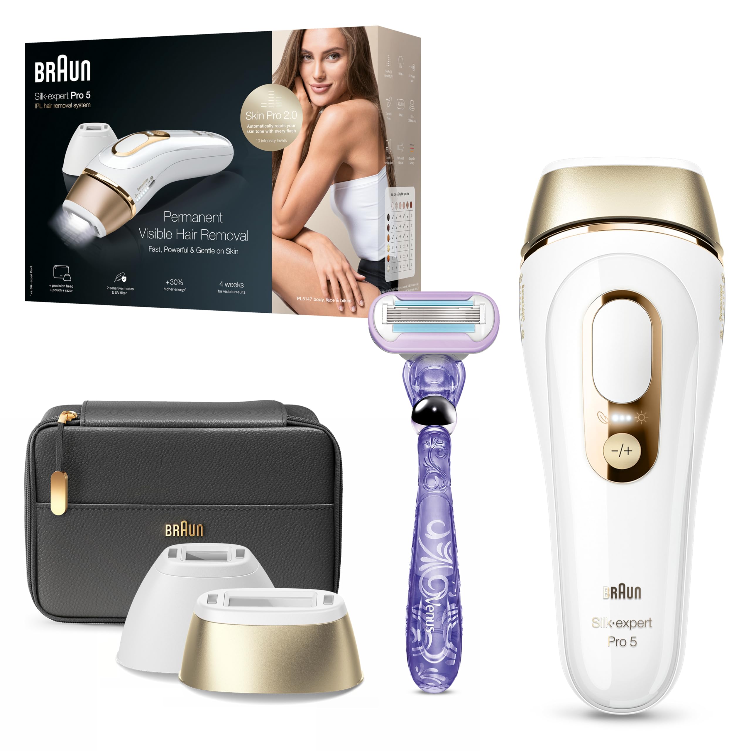 دستگاه حذف موهای دائمی با لیزر خانگی Braun Silk·expert Pro 5، دستگاه حذف موهای IPL، سری معمولی و دقیق 1 عدد و تیغ ریز ونوس، هدیه ای برای زنان، مدل PL5147، رنگ سفید/طلایی، شامل 4 پیوستهای افزودنی