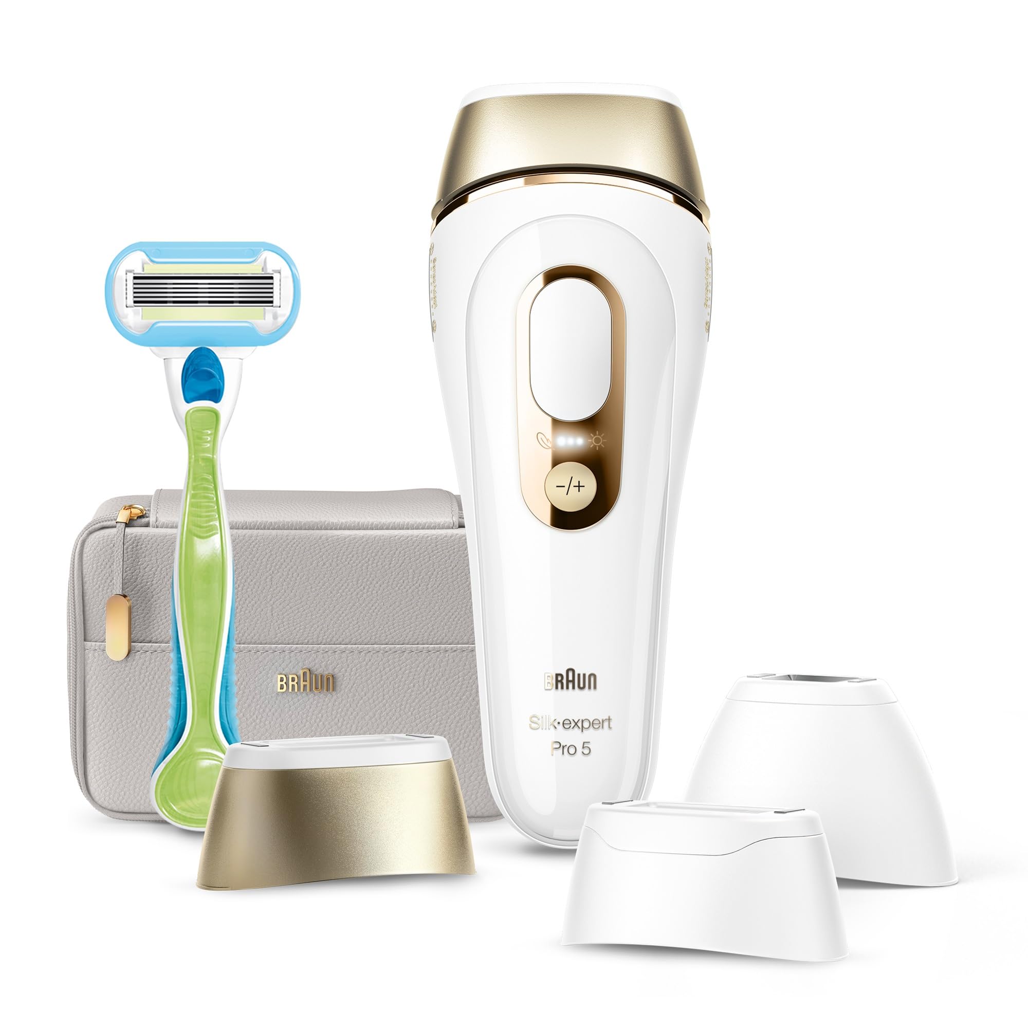 دستگاه حذف موهای لیزری Braun Silk·expert Pro 5، خانگی، IPL، حذف موهای مرئی دائمی، 1 سر استاندارد و 1 سر دقیق و 1 سر گسترده و تیغ اصلی Venus، هدیه برای زنان، PL5257، سفید/طلاییPL 5257