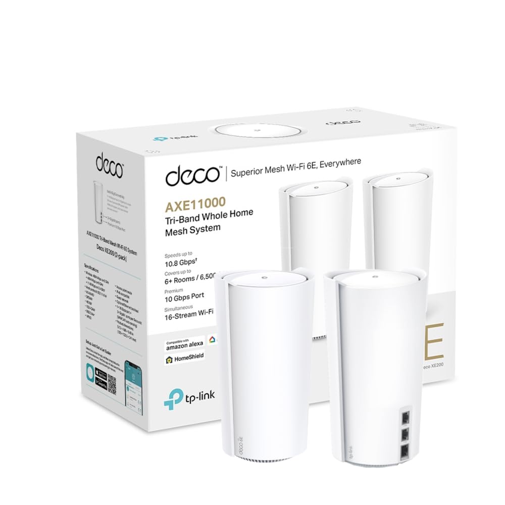 سیستم مش وای فای کلی TP-Link Deco XE200 AXE11000 با فناوری وای فای 6E، دارای سه باند فرکانسی، پورت‌های گیگابیت، مش تحت فناوری هوش مصنوعی، پوشش تا 6,500 فوت مربع، قابلیت اتصال تا 200 دستگاه، پردازنده 2.2 گیگاهرتزی چهار هسته‌ای، HomeShield، بسته شامل 2 دستگاه وای فای 6E AXE11000