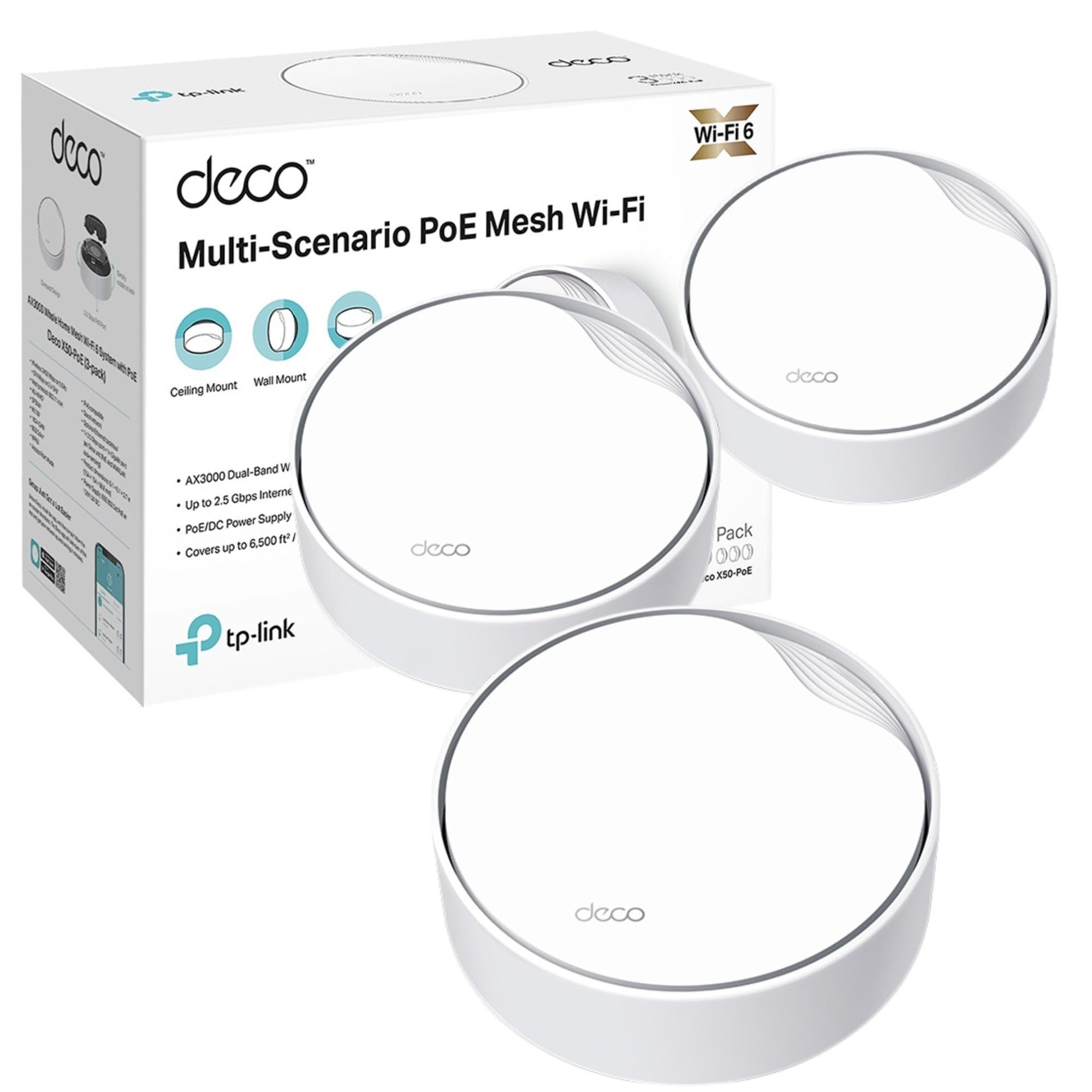سیستم تمام منزل TP-Link Deco X50-PoE AX3000 Mesh Wi-Fi 6 با PoE، دو بانده، Mesh مبتنی بر هوش مصنوعی، پوشش تا ۶٬۵۰۰ فوت مربع، اتصال تا ۱۵۰ دستگاه، پردازنده ۱٫۰ گیگاهرتزی دو هسته‌ای، HomeShield، بسته ۳ عددی AX3000 PoE
