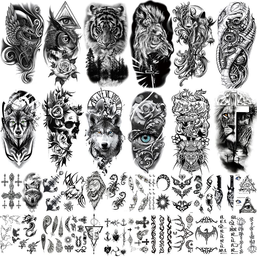 DAYONG 36 برگ چاپسون دست بالایی سه‌بعدی موقت برای مردان و زنان بزرگسالان، تاتوهای نما سازی شده واقع‌گرایانه ضدآب گلو و ببر و شیر با الگوی طلایی، استیکرهای تاتو سیاه برای تاتوهای جنگجو حیوانات (سیاه)