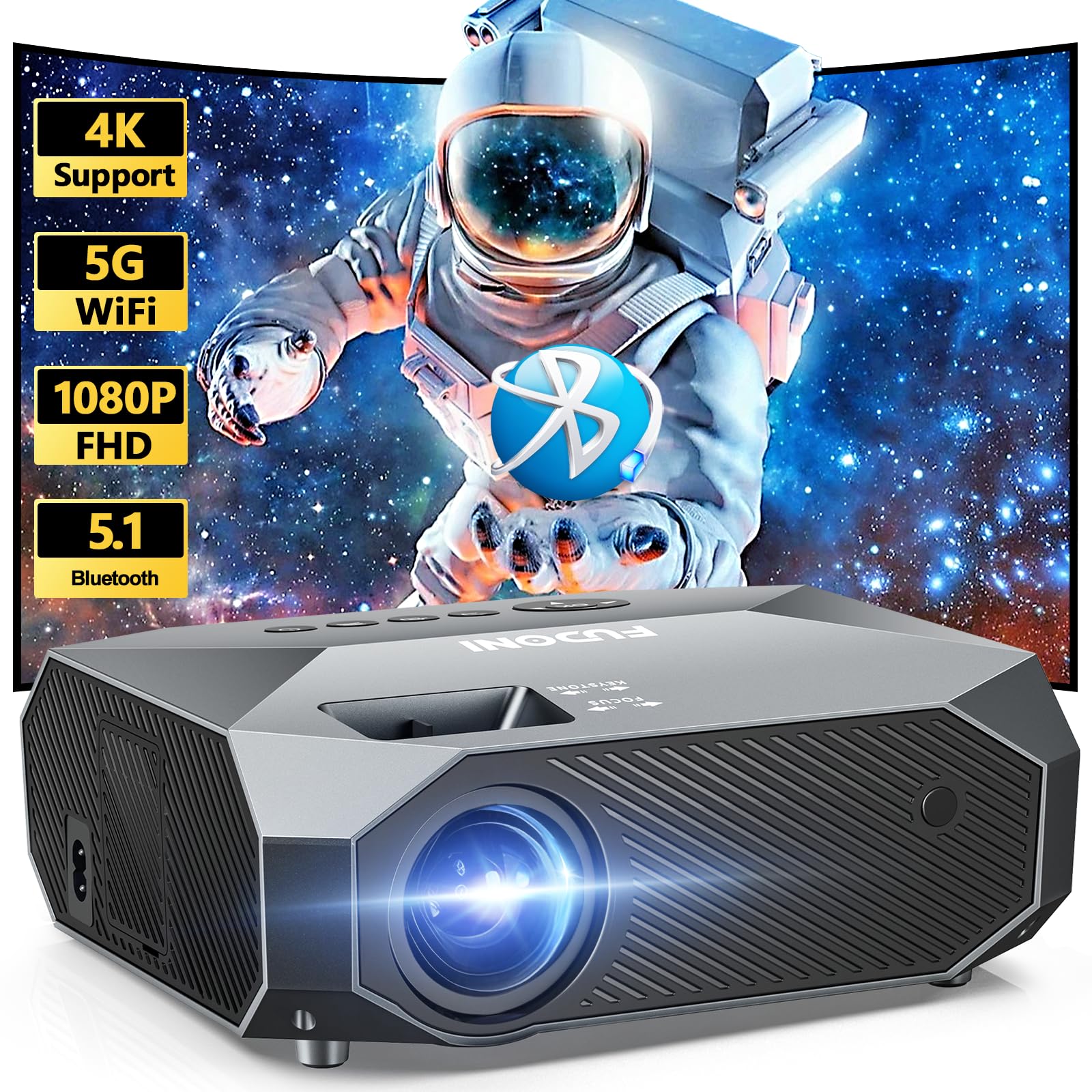 پروژکتور FUDONI با وای فای 5G و بلوتوث، پروژکتور فیلم خارجی با 12000 لومن نیتیو 1080P با پشتیبانی 4k، پروژکتور قابل حمل با صفحه نمایش، پروژکتور خانگی برای iOS/Android/TV Stick/Laptop/HDMI/USB