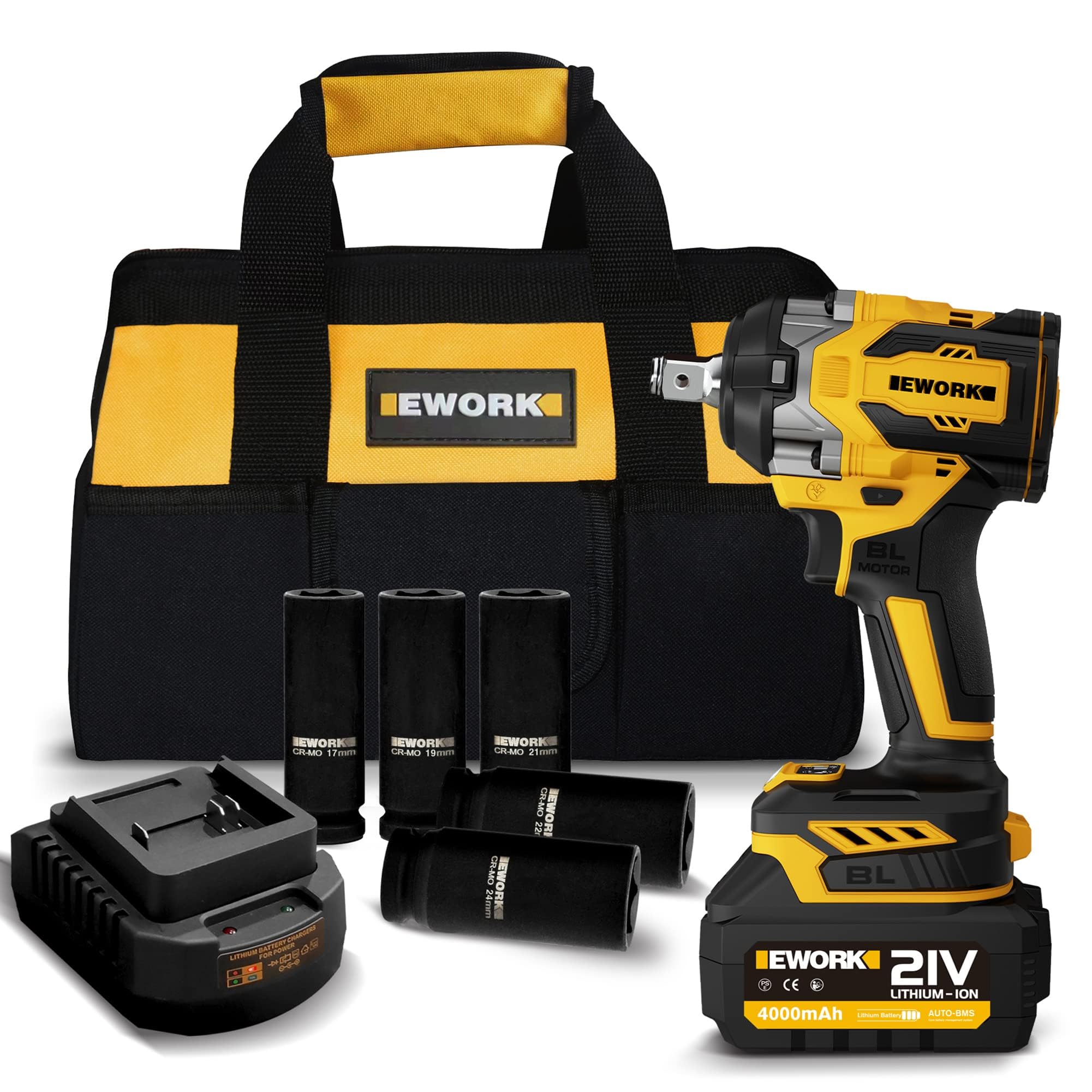 Impact Wrench 1/2 Cordless EWORK 21V با موتور براشلس قدرتمند ضربه گیر بی‌سیم با حداکثر 520 فوت-پوند، Impact Wrenches قدرتمند با باتری Li-ion 4.0Ah، شارژر سریع، 5 سوکت، کیسه ابزار (مدل RB-809) نسخه پایه 520 فوت-پوند