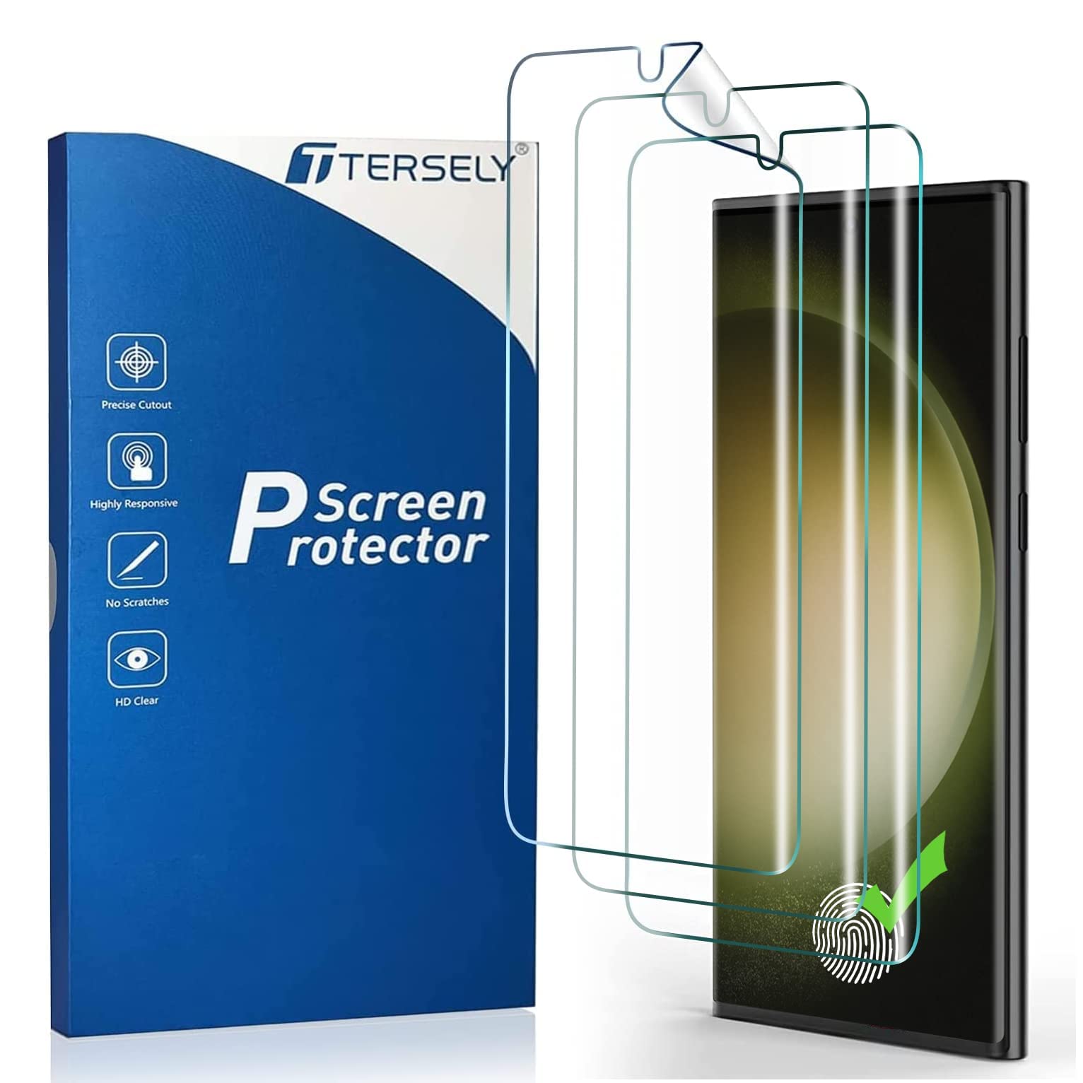 پوشش صفحه تمامی تن فروشنده T Tersely برای Samsung Galaxy S23 Ultra (6.8 اینچ)، پشتیبانی از باز کردن اثرانگشت روی صفحه نمایش Full Cover HYDROGEL آبی برای Samsung Galaxy S23 Ultra 6.8 اینچ 【بسته 3 عددی】