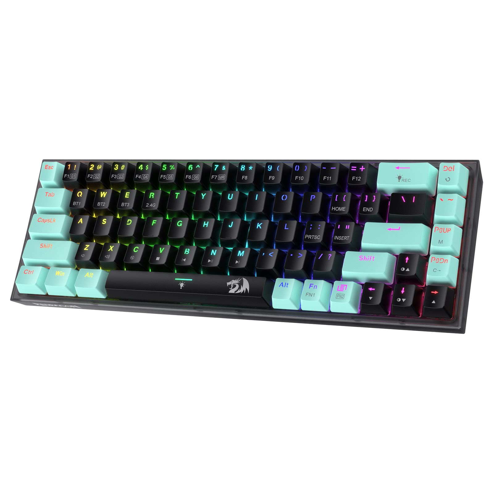 کیبورد بازی Redragon K631 PRO SE 65٪ 3-حالت بی‌سیم RGB، 68 کلید، کیبورد مکانیکی فشرده با Hot-Swap Free-Mod PCB Socket و شفاف برد، سوئیچ خطی ساکت سفارشی سیاه و نعناع