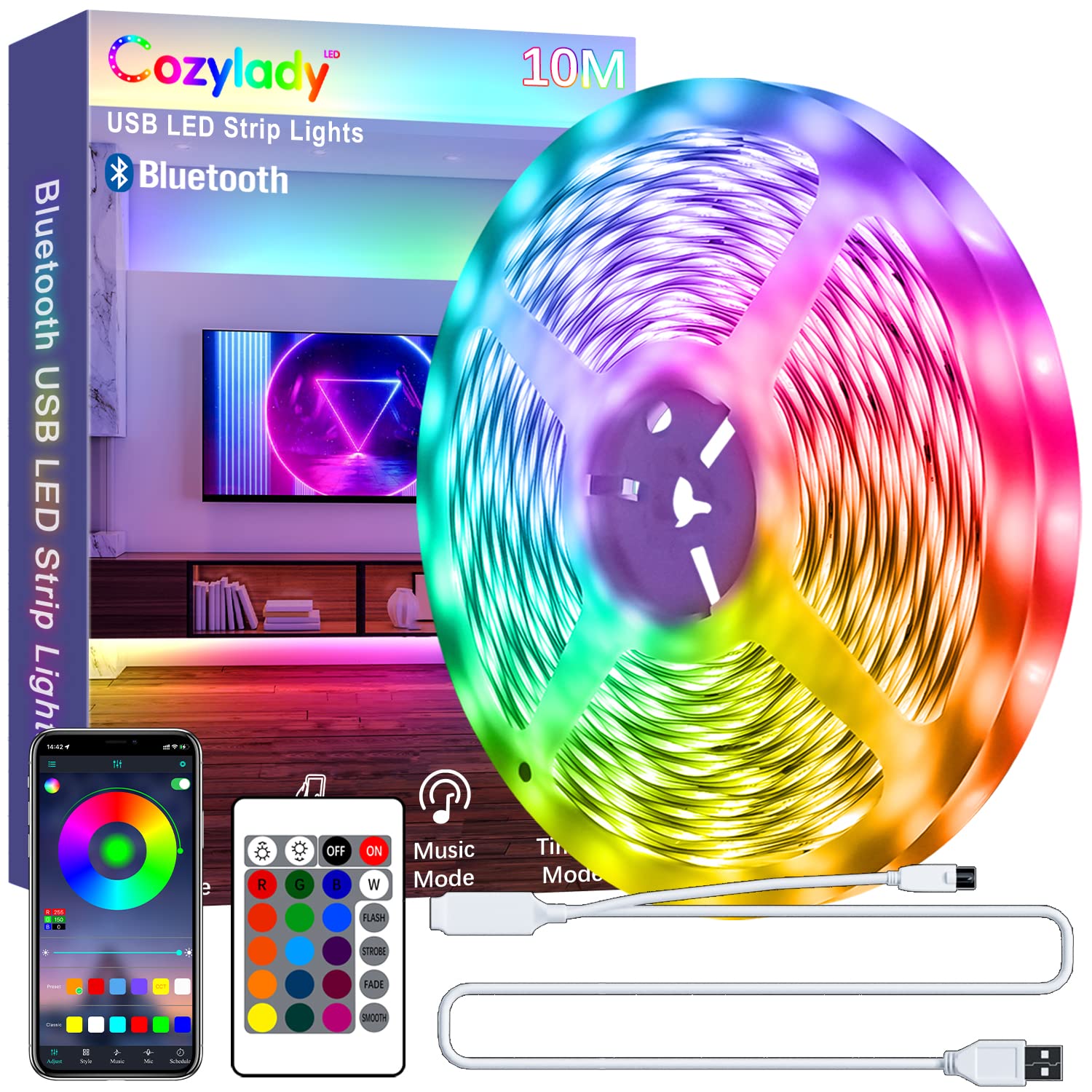 نور USB Led Cozylady 10 متری، نور هوشمند RGB بلوتوث با کنترل از طریق اپلیکیشن، تنظیم تایمر، حالت موزیک، نوار نور LED برای تزیین، اتاق خواب، کامپیوتر، کابینت (usb 10 متر)