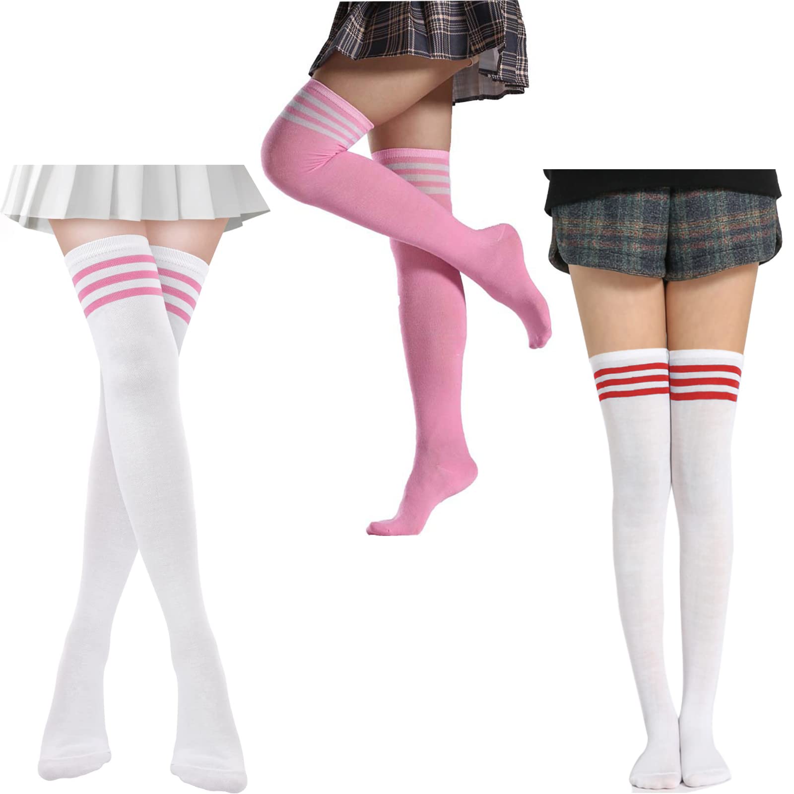 جوراب‌های بافتنی Excefore High Thigh با 3 جفت برای زنان، روی زانو و بلندتر، جوراب‌های طولانی کاپشن با روسری‌های نواری، مناسب کاپشن‌های کاپشن، یک سایز چندگانه