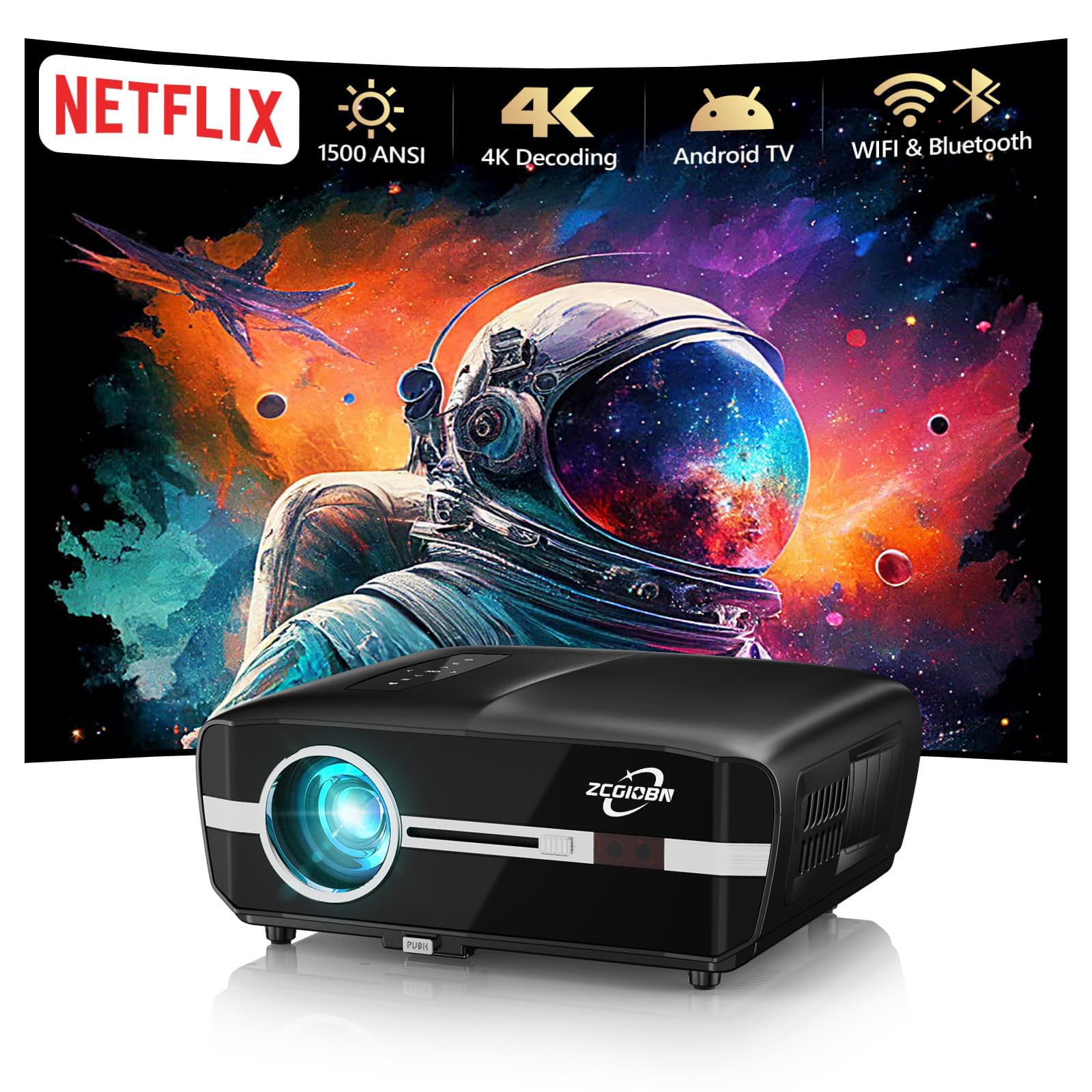 پروژکتور LED روز با کیفیت 4K با وای فای و بلوتوث، 1500ANSI الترا اچ دی هوشمند برای سینمای خانگی روز، فیلم خارجی با اپلیکیشن های داخلی، تلویزیون اندروید، صدای DSP، کی‌استون 4D، HDR برای بازی، سقف، صفحه نمایش 300 اینچ