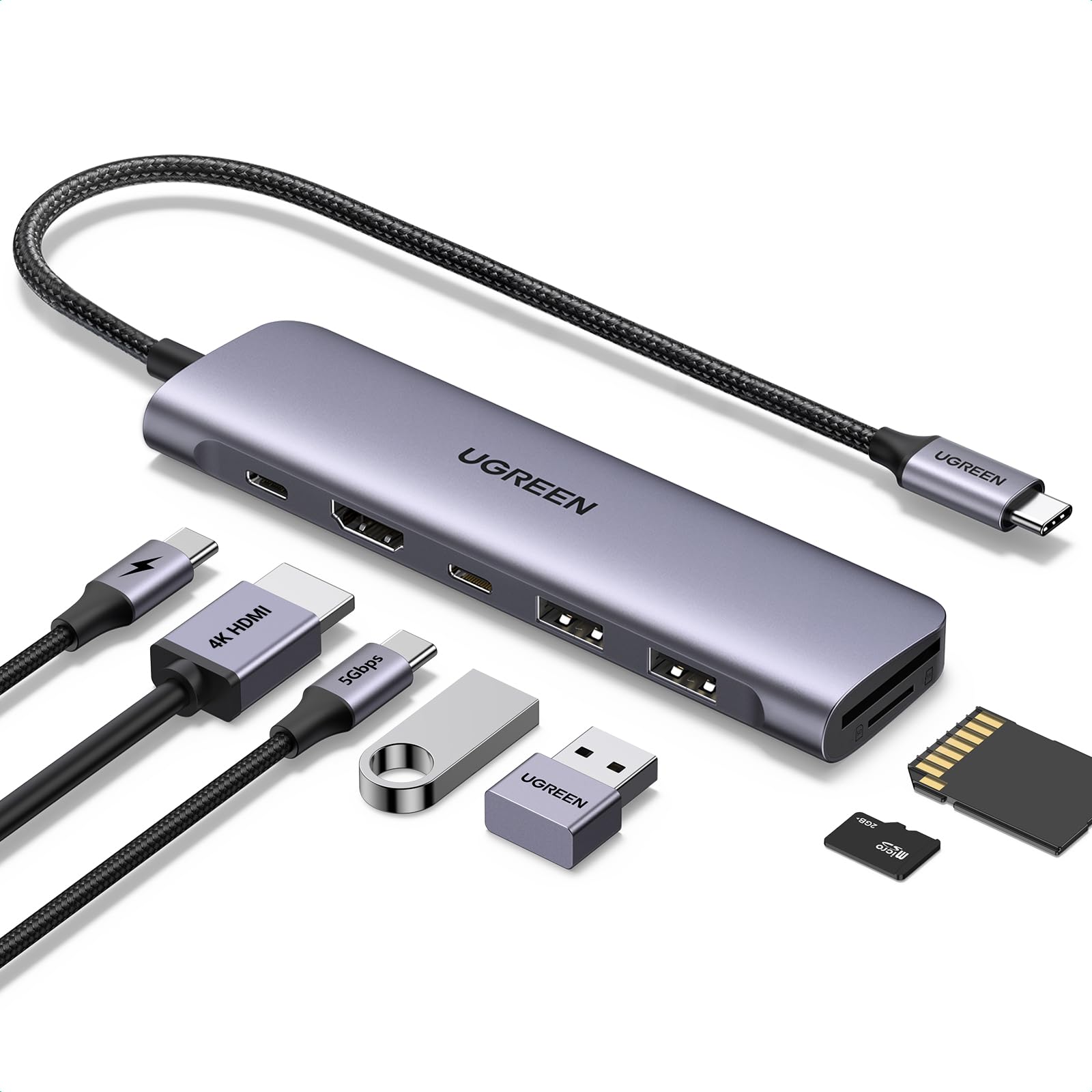 UGREEN Revodok USB C Hub 7-in-1 با خواننده کارت SD/TF [با سرعت بالا], HDMI 4K, پورت‌های داده, شارژ PD 100W [کابل دستباف], آداپتور چندپورت USB-C برای ویندوز، مک‌بوک پرو، مانیتور، دوربین