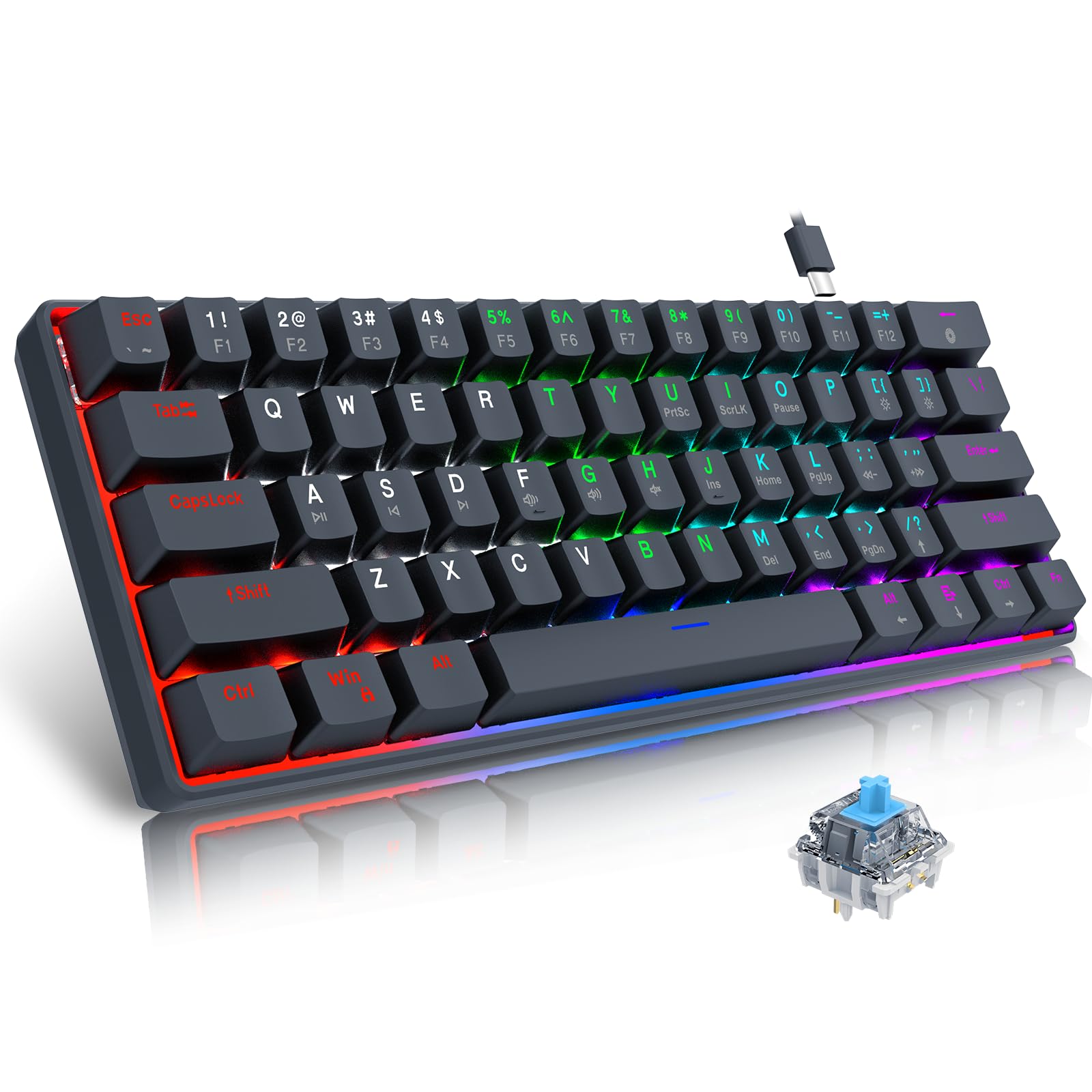 کیبورد بازی قابل حمل 60 درصدی مکانیکی RAZEAK، 61 کلید فشرده مینی برای گیمرهای PC/Mac، با نورپردازی RGB رنگارنگ قابل تعویض، کیبورد کوچک برای کامپیوتر/لپتاپ - سوئیچ آبی - مشکی سوئیچ آبی مشکی
