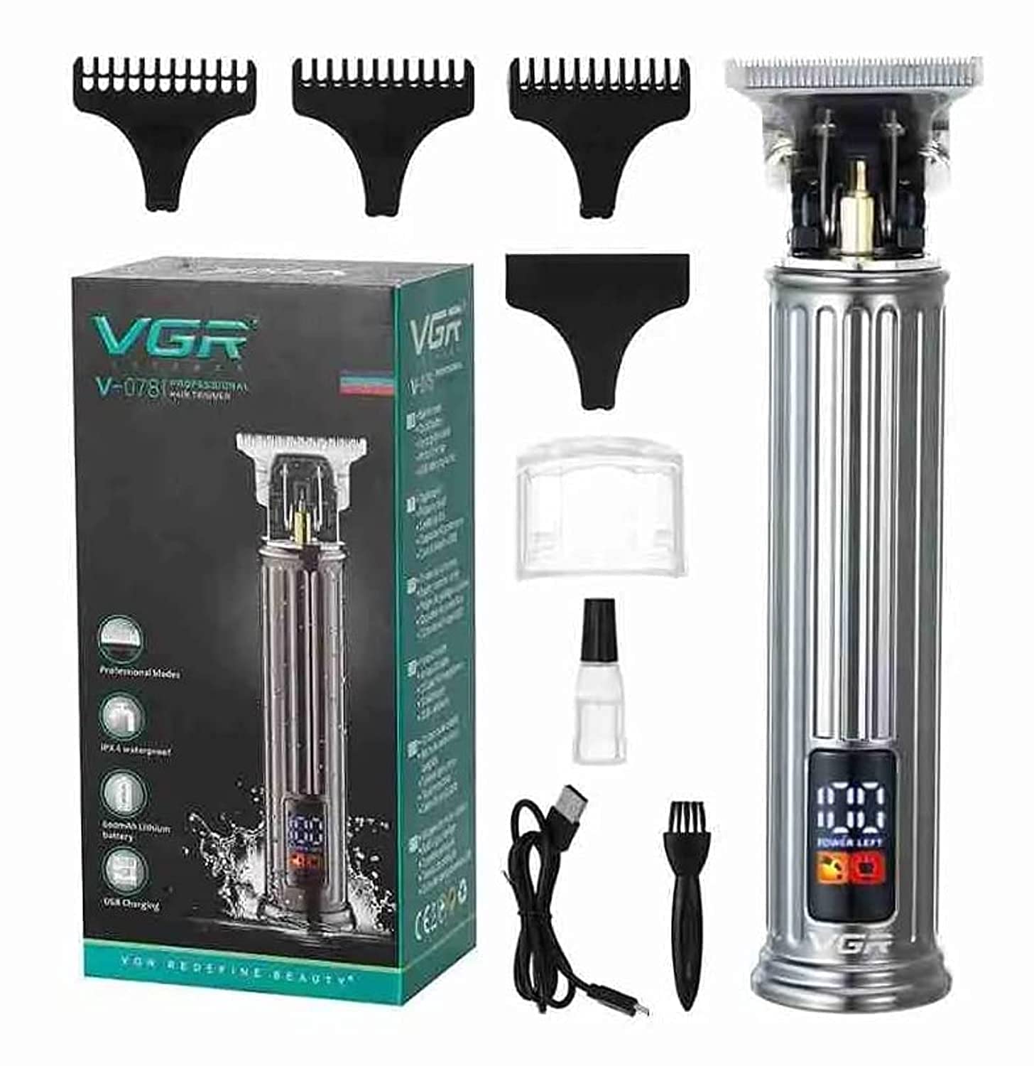 مدل VGR V-078 حرفه ای Pro Li Outliner مدل غیر قابل اتصال برق و شارژی چمدان انواع مختلف ابزار زینتی نمایش دیجیتالیدلایه T-Blade برش نزدیک 0 میلی متر کلیپر برای مردان ضد آب IPX4 - مشکی
