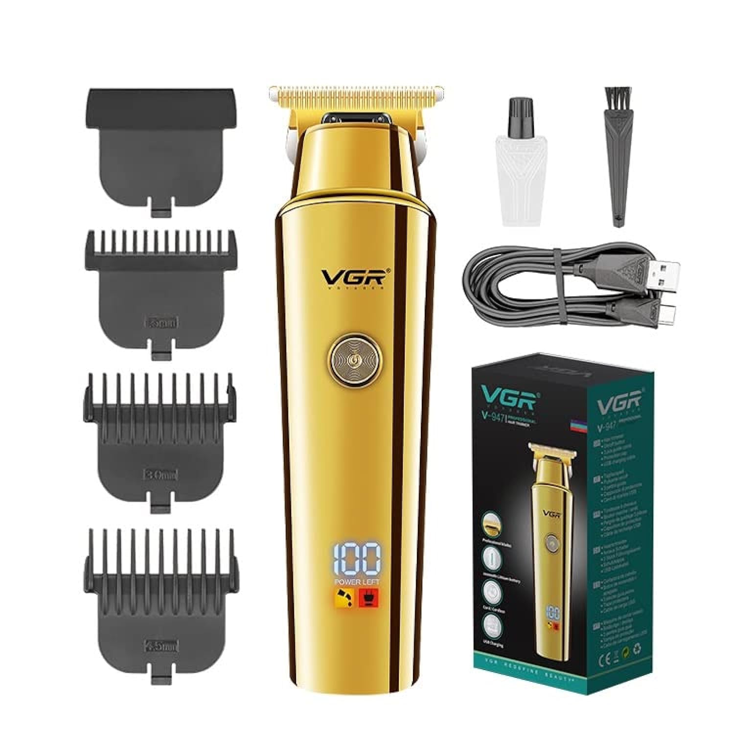 مدل VGR V-947 تراکم موهای حرفه ای بی‌سیم و قابل شارژ با کابل USB شارژ، صفحه نمایش LED، تیغه های استیل ضد زنگ 3 شانه راهنمای برای آقایان. حداکثر زمان استفاده: ۵۰۰ دقیقه، باطری Li-ion ۲۰۰۰ mAh، رنگ طلایی