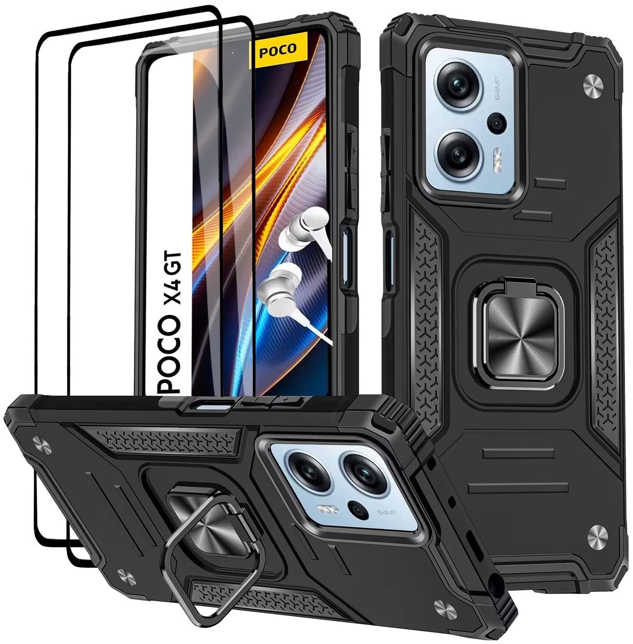 کیس KANSi برای شیائومی پوکو X4 GT 5G، شیشه‌ی سرامیکی [2 تکه] قطعه های جوش Magnet Stand سخت PC و سیلیکون TPU کیس ضد شوک آرمور - مشکی شیائومی پوکو X4 GT 5G سیاه/سفید