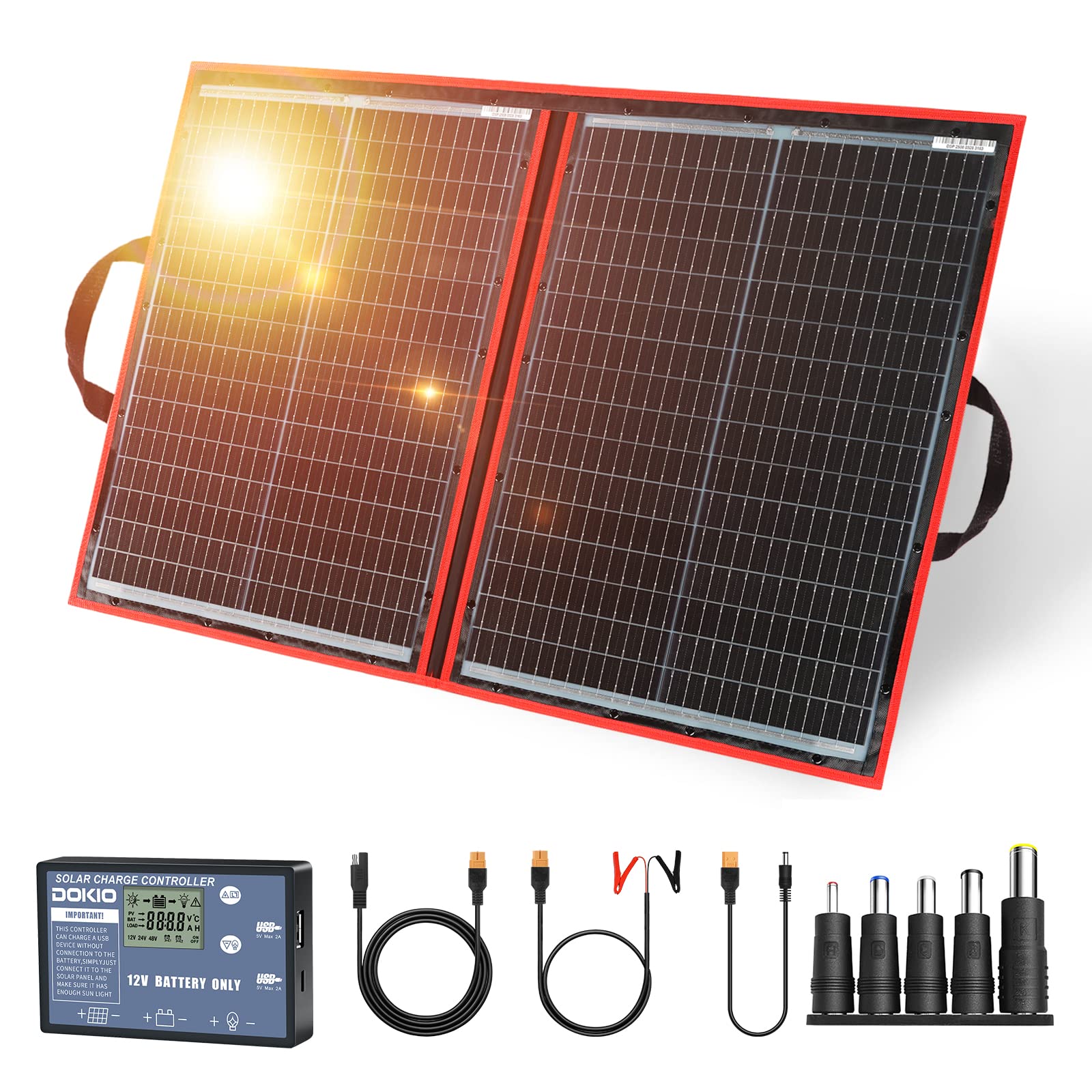 پنل خورشیدی DOKIO 110W 18V قابل‌تاشو خروجی USB مونوکریستال سبک و سبک‌تر ازمتوسه 5 نوع پلاگ DC همراه با گوشی‌های هوشمند باتری ۱۲ ولت مناسب برای کمپینگ، استراحت در ماشین در فضای باز ۱۰۰w