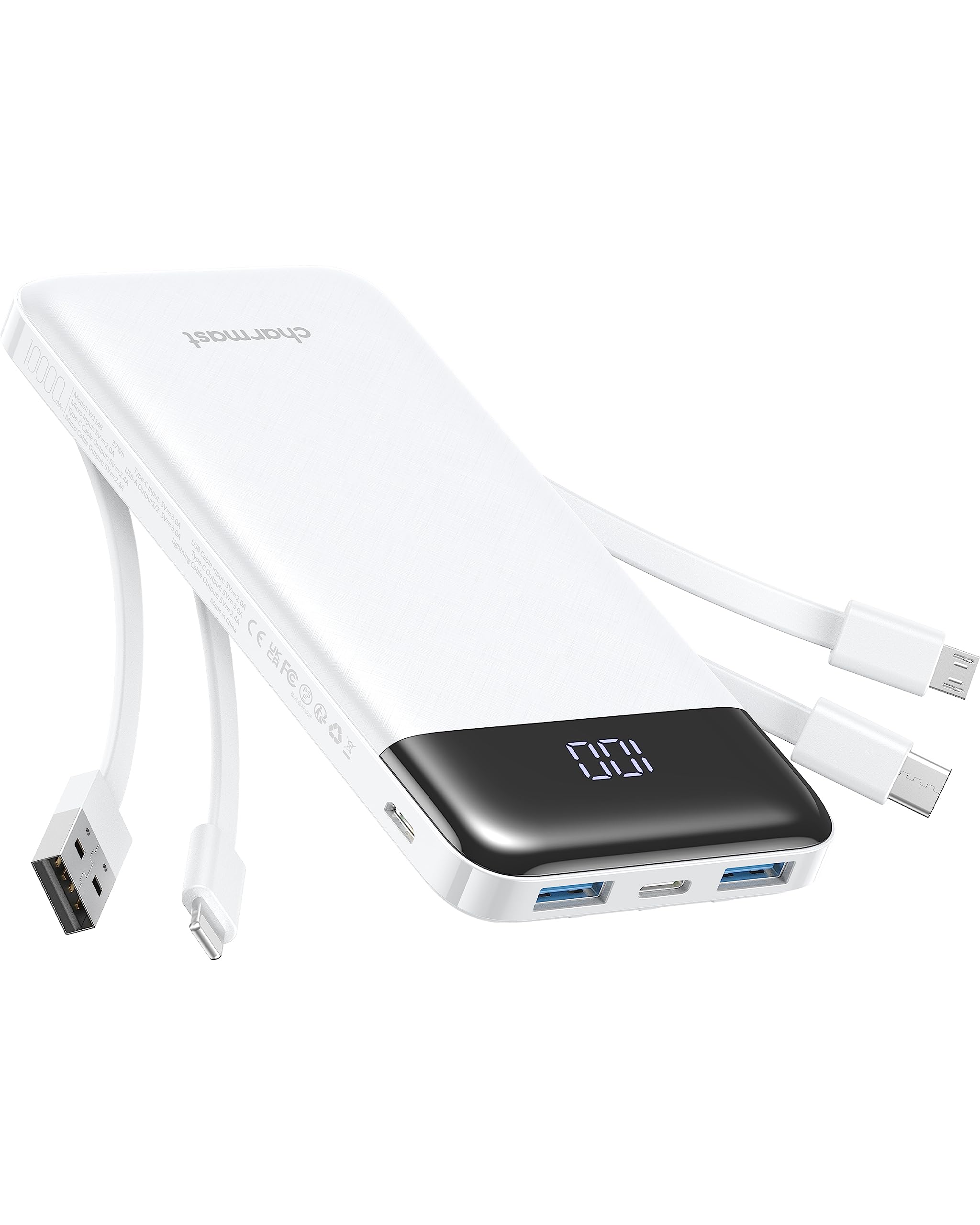 شارماست پاور بانک با کابل داخلی، باتری 10000 میلی آمپر ساعتی USB C باتری پک 6 خروجی 2 ورودی با نمایشگر LED نوع C پاوربانک شارژر قابل حمل سازگار با گوشی‌های هوشمند، تبلت و موارد دیگر - سفید