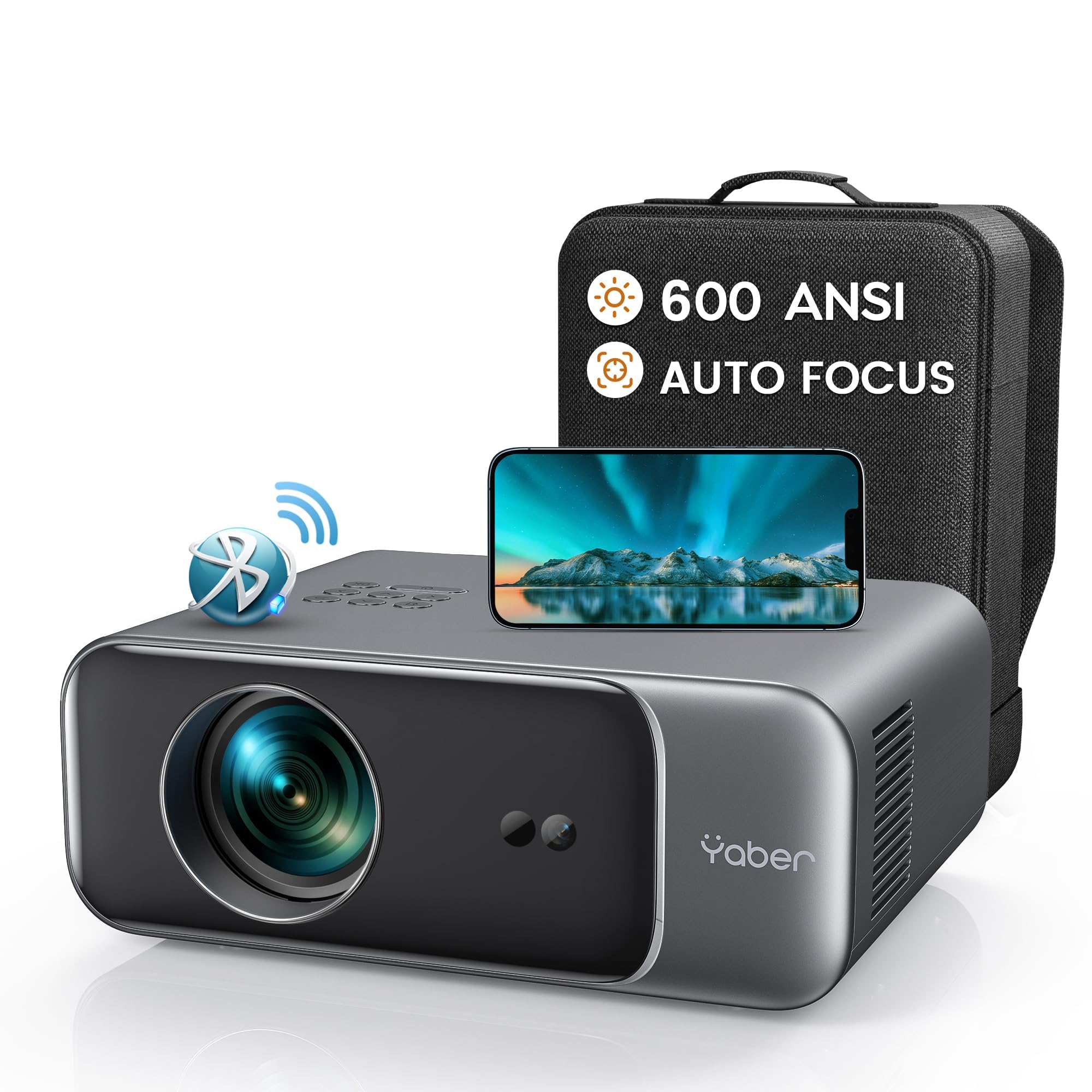 پروژکتور Full HD 1080P با اتوفوکوس / اصلاح تراپزوئیدال، وای فای6، بلوتوث، پشتیبانی از 4K برای سینمای خانگی/فضای باز، پروژکتور ویدئویی YABER، پروژکتور قابل حمل با تکنولوژی LED، سازگار با گوشی هوشمند/تلویزیون استیک/PS5