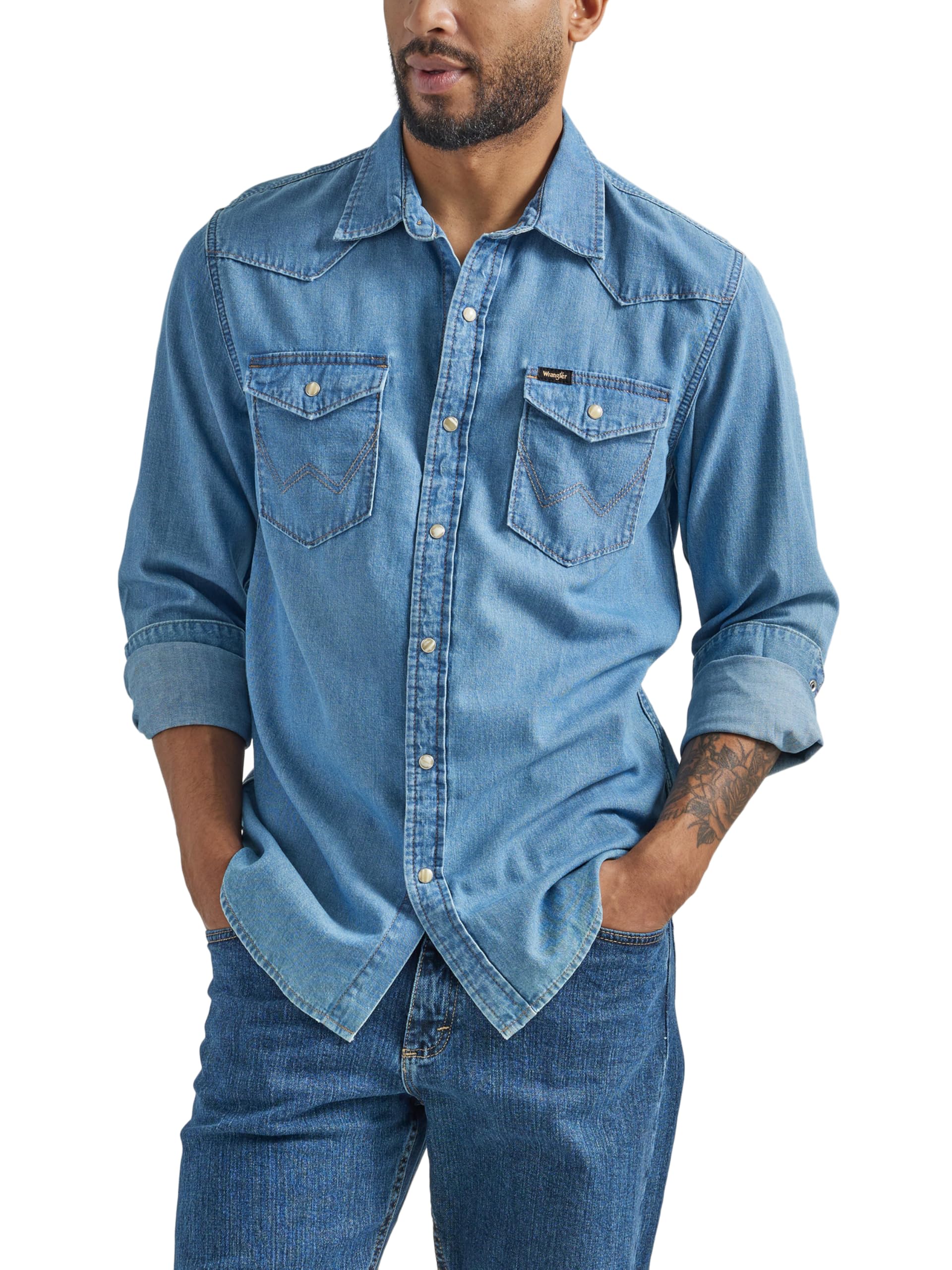 پیراهن جین منس Snap Fit مردانه Wrangler Iconic دکمه ای منطقه Lake Wash به اندازه عادی