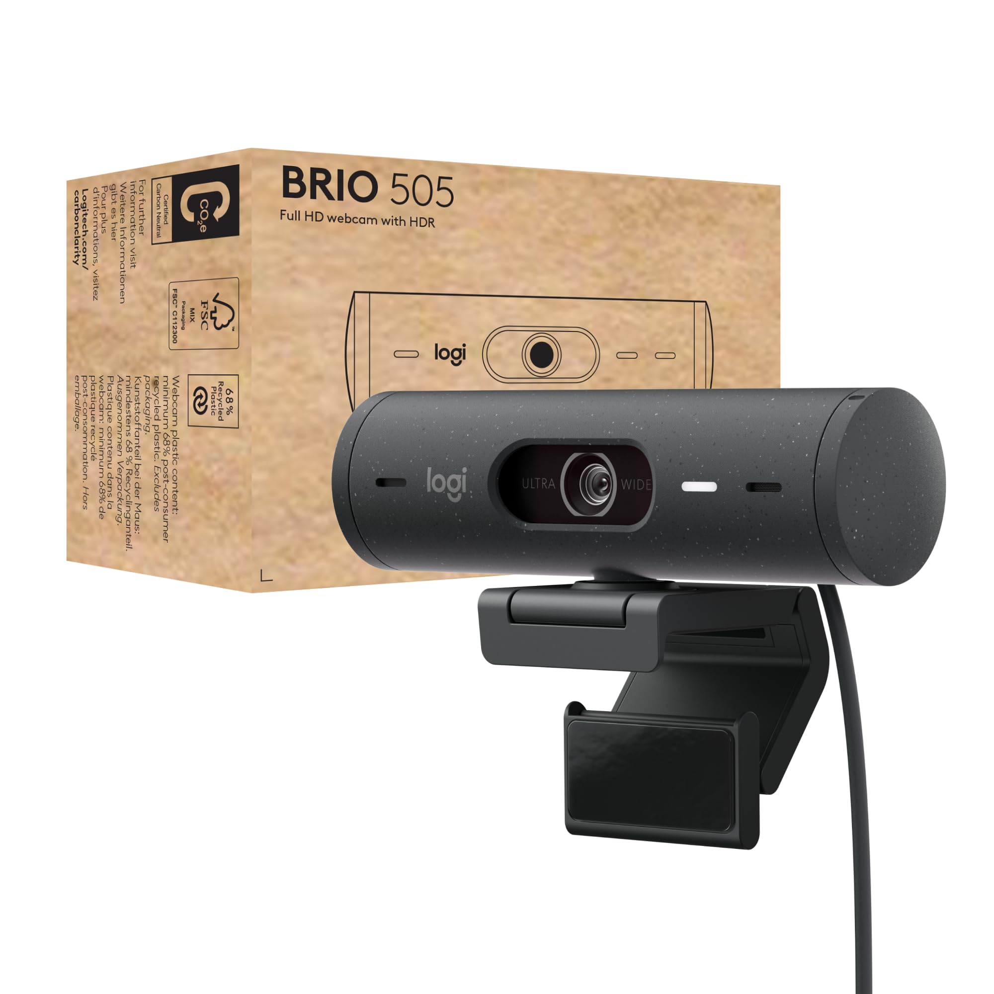 وب‌کم Full HD Logitech Brio 505 با اصلاح خودکار نور، قابلیت فریمینگ خودکار، حالت نمایش، دو میکروفن کاهش نویز دوتایی، پرده حریم خصوصی - سازگار با Microsoft Teams، Google Meet، Zoom، استاندارد TAA