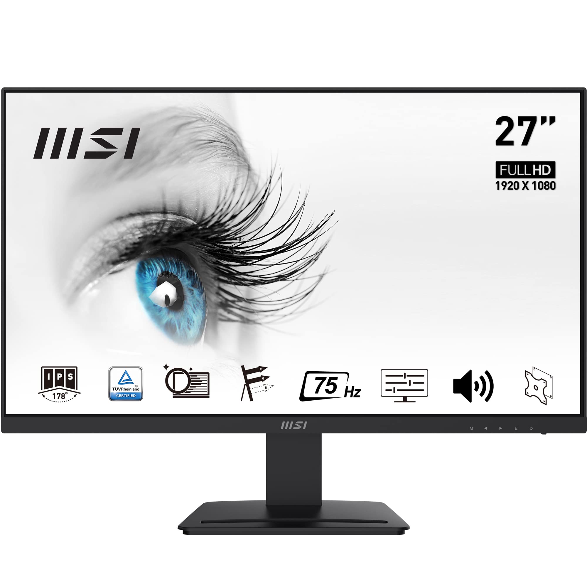 MSI PRO MP273 نمایشگر 27 اینچی، FHD (1920 × 1080)، 75Hz، IPS، 5ms، HDMI، DisplayPort، بلندگوها، ضد تابش، ضد ورقه خوردگی، کمترین نور آبی، تایید شده توسط TÜV، VESA، Kensington، مشکی 27 " FHD / IPS HDMI + DP