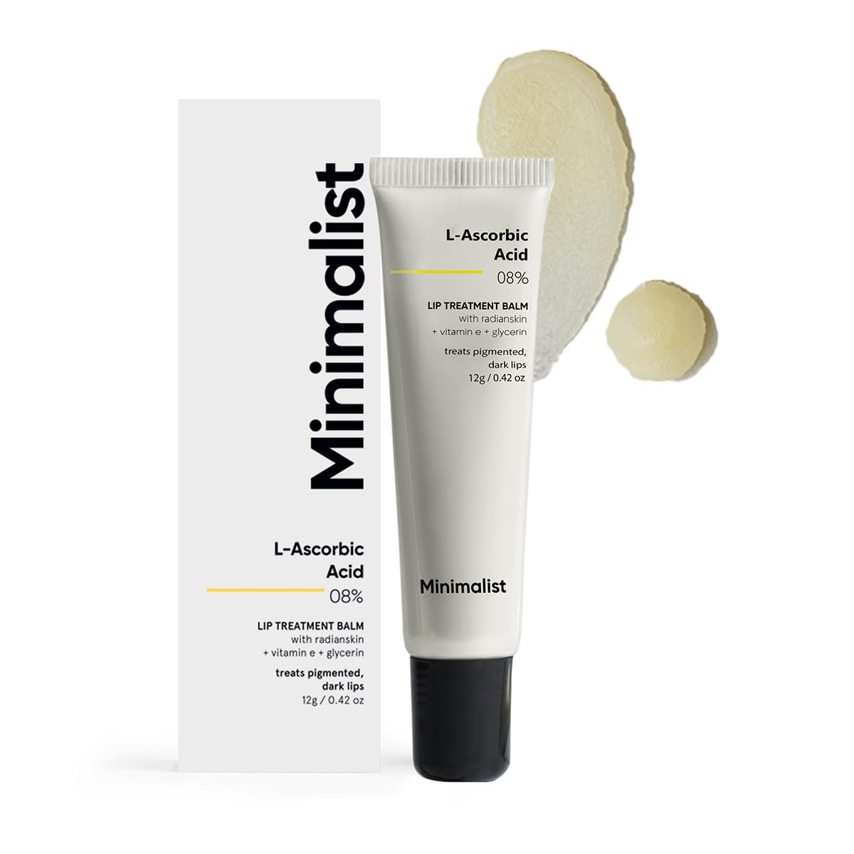 بالم درمان لب با حداقلیسم برای روشن کردن لب‌های تیره، مرطوب کننده و نرم کننده | ۸٪ اسکوربیک اسید L با ویتامین E، رادیان‌اسکین و گلیسرین | برای زنان و مردان | ۰٫۴۲ اونس / ۱۲ گرم