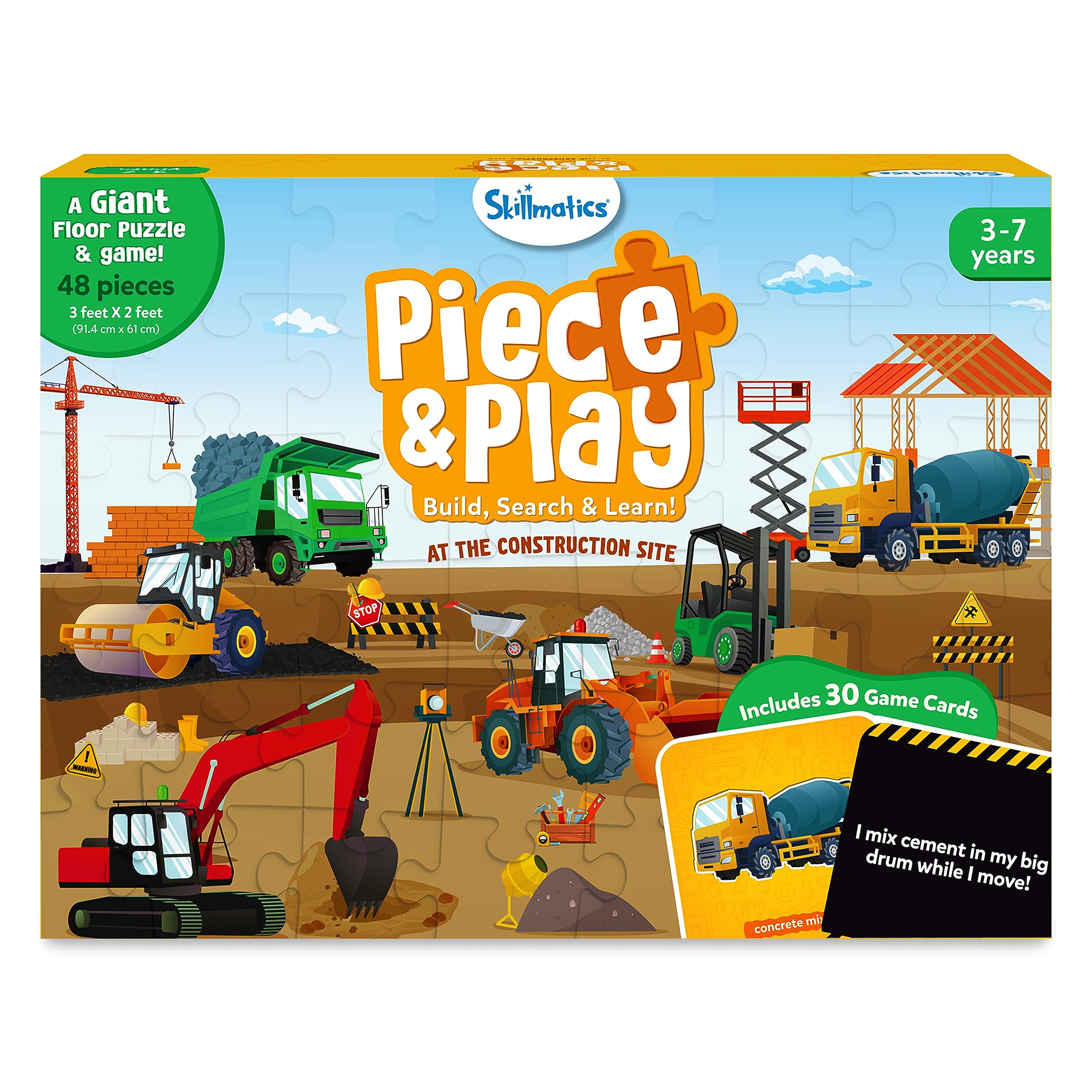 مهارتمند Floor Puzzle & Game - Piece & Play محل ساخت و ساز، انبار مواد، پازل کودکان، اسباب بازی آموزشی، هدایای پسران و دختران 3، 4، 5، 6، 7 ساله (48 تکه، 2x3 فوت) 1. محل ساخت و ساز