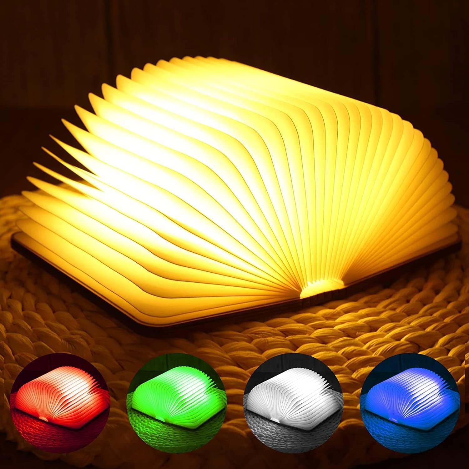 لامپ کتاب چوبی، لامپ جدید کتاب تاشو، چراغ شب LED با 5 رنگ متفاوت، چراغ میز قابل حمل قابل شارژ USB، هدیه خلاق با طراحی مغناطیسی برای کودکان، والدین، دوستان (17 × 14 × 2.5 سانتی‌متر)